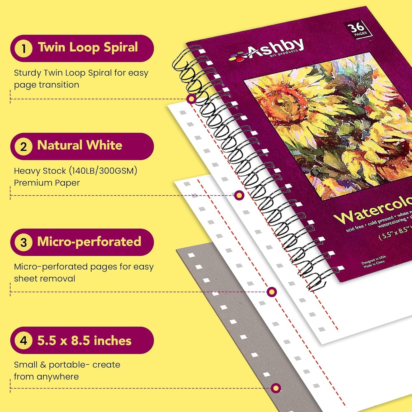 Ashby - 36 Sheets of Premium Watercolor Paper - 140lb / 300 GSM (5.5"x 8.5") - Spiral Bound, Acid-Free, Cold Press, Ideal for Most Wet & Dry Media, Artists & Students