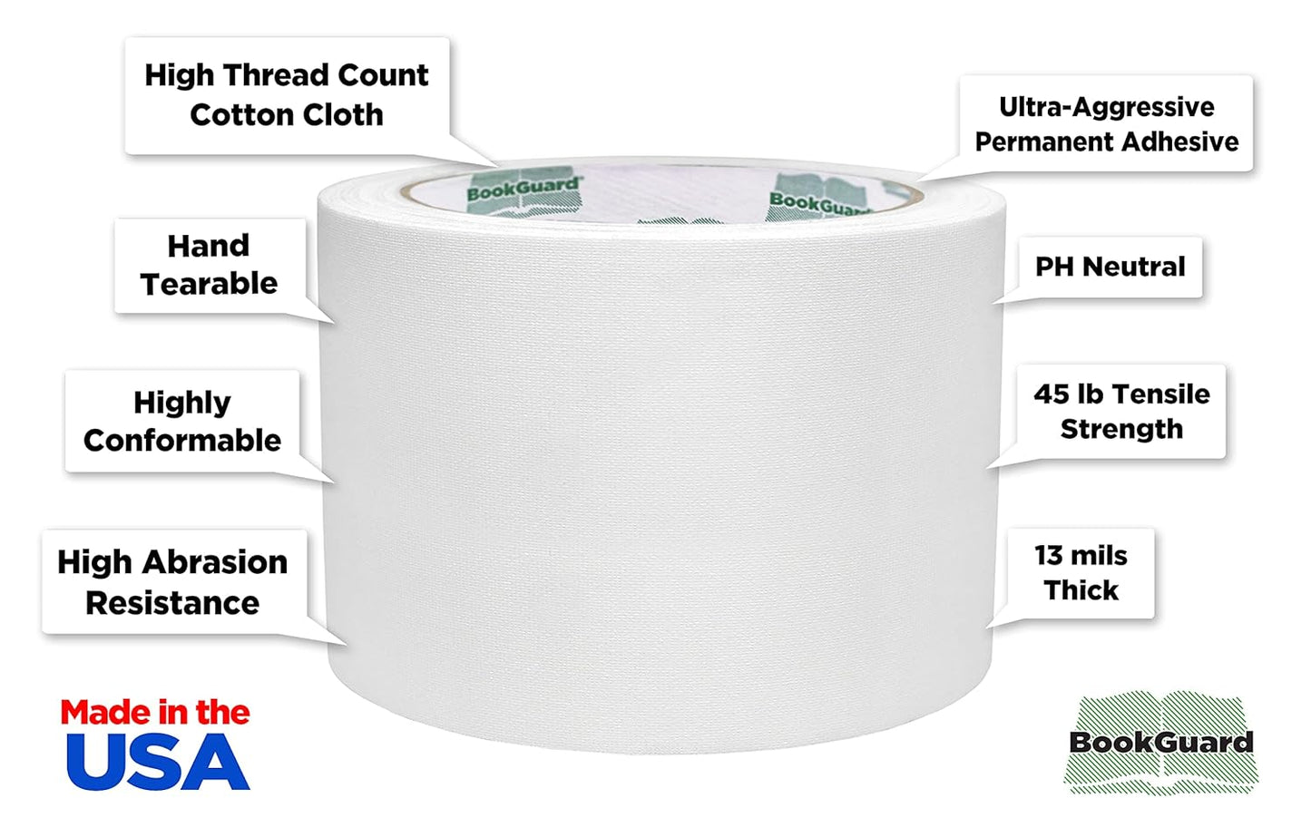 BookGuard 3 inch Premium Bookbinding Repair Cloth Tape, 15 Yard Roll, White