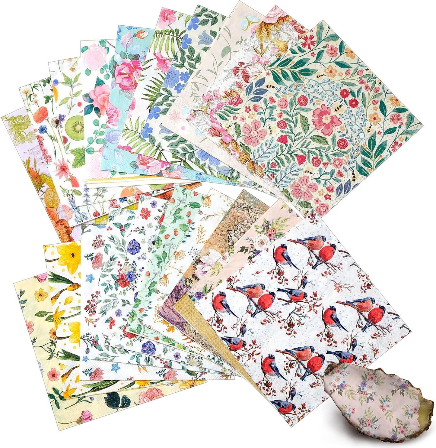 Crtiin 20 Pack Assorted Floral Napkins for Decoupage Toilet Napkins Flower Cocktail Decorative Paper for Birthday Party Beautiful Gorgeous, 20 Styles Each 6.5 inches(Style 2)
