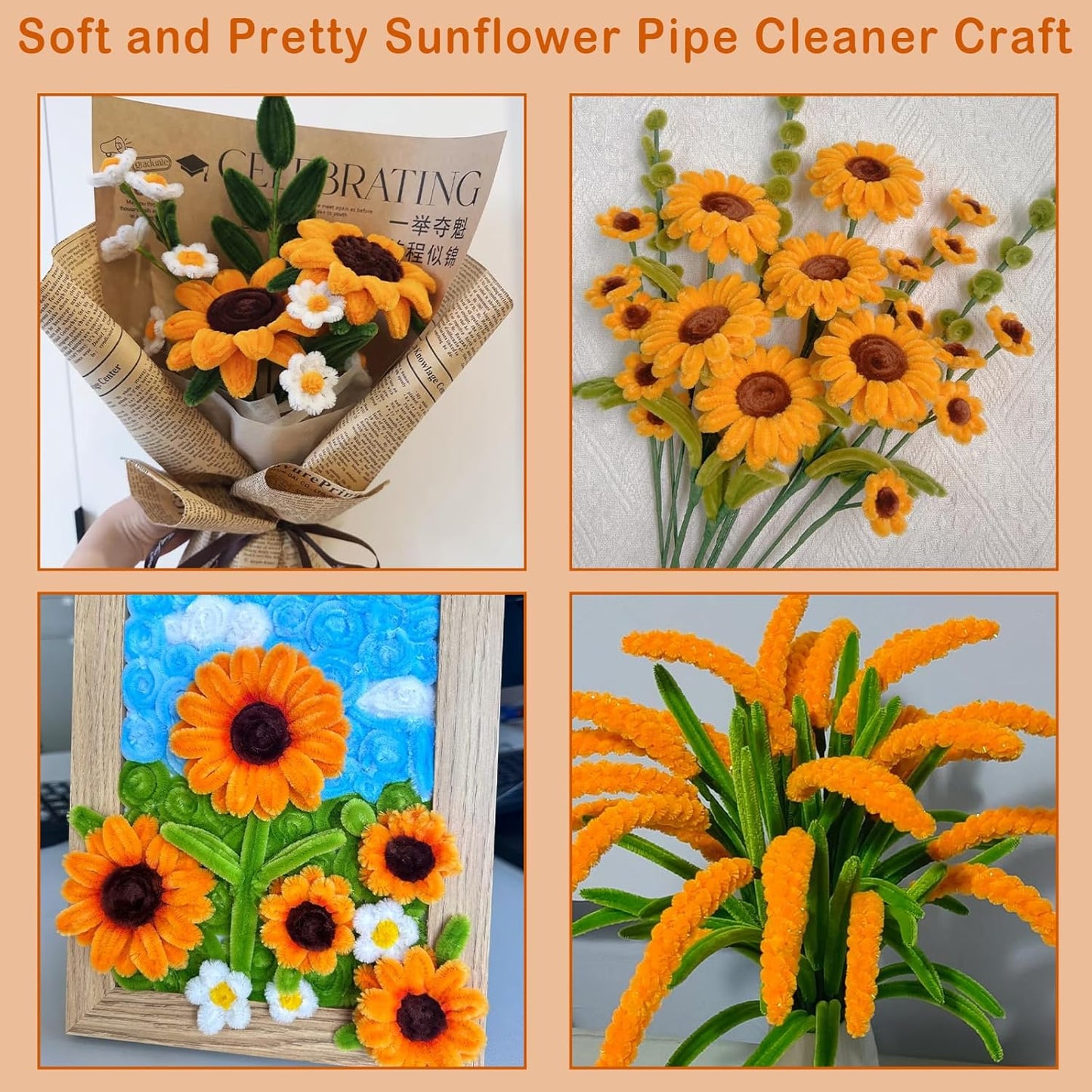 600Pcs Pipe Cleaners Craft,Multiple Assorted Colors Pipe Cleaners Bulk, Chenille Stems for DIY Flower Making Kit with Floral Wires, Gardening Tape,Stamen& Ribbon (Yellow)