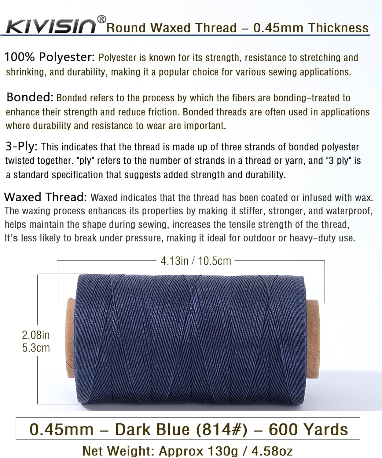 Thin Round Waxed Thread 0.45mm, 600 Yards, Dark Blue, Light Duty Polyester Wax Coated String for Leather Sewing, Upholstery, Beading, Micro Knotting, Bracelets and Macrame Jewelry Making