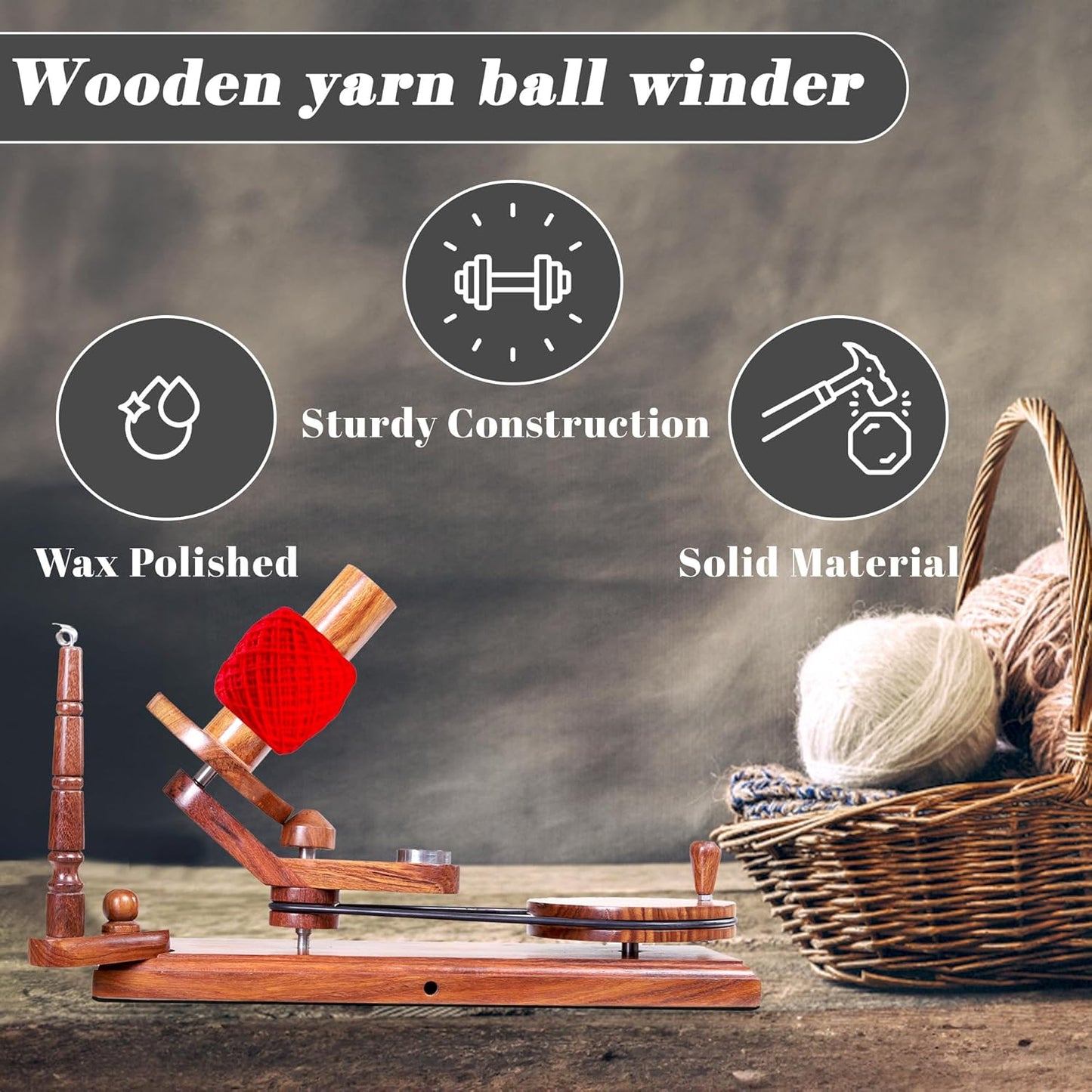 Yarn Winder – Large Handcrafted Wooden Ball Winder for Knitting, Crocheting & Weaving – Heavy-Duty Natural Rosewood Yarn Winder for 8-12 oz Yarn Cakes