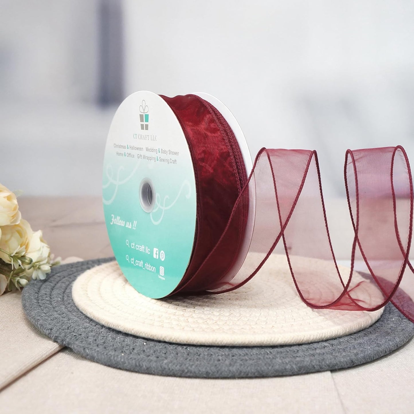 CT CRAFT LLC Sheer Organza Wired Ribbon 1.5" x 50Yards Burgundy for Wedding Chair Bow Flora Bouquet Gift Wrapping Christmas Tree Home Decor Wreath