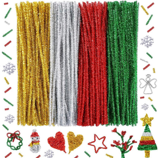 Caydo 300 Pieces Christmas Pipe Cleaners Glitter Chenille Stems for DIY Craft Christmas Decoration (Red, Green, Gold, Silver)