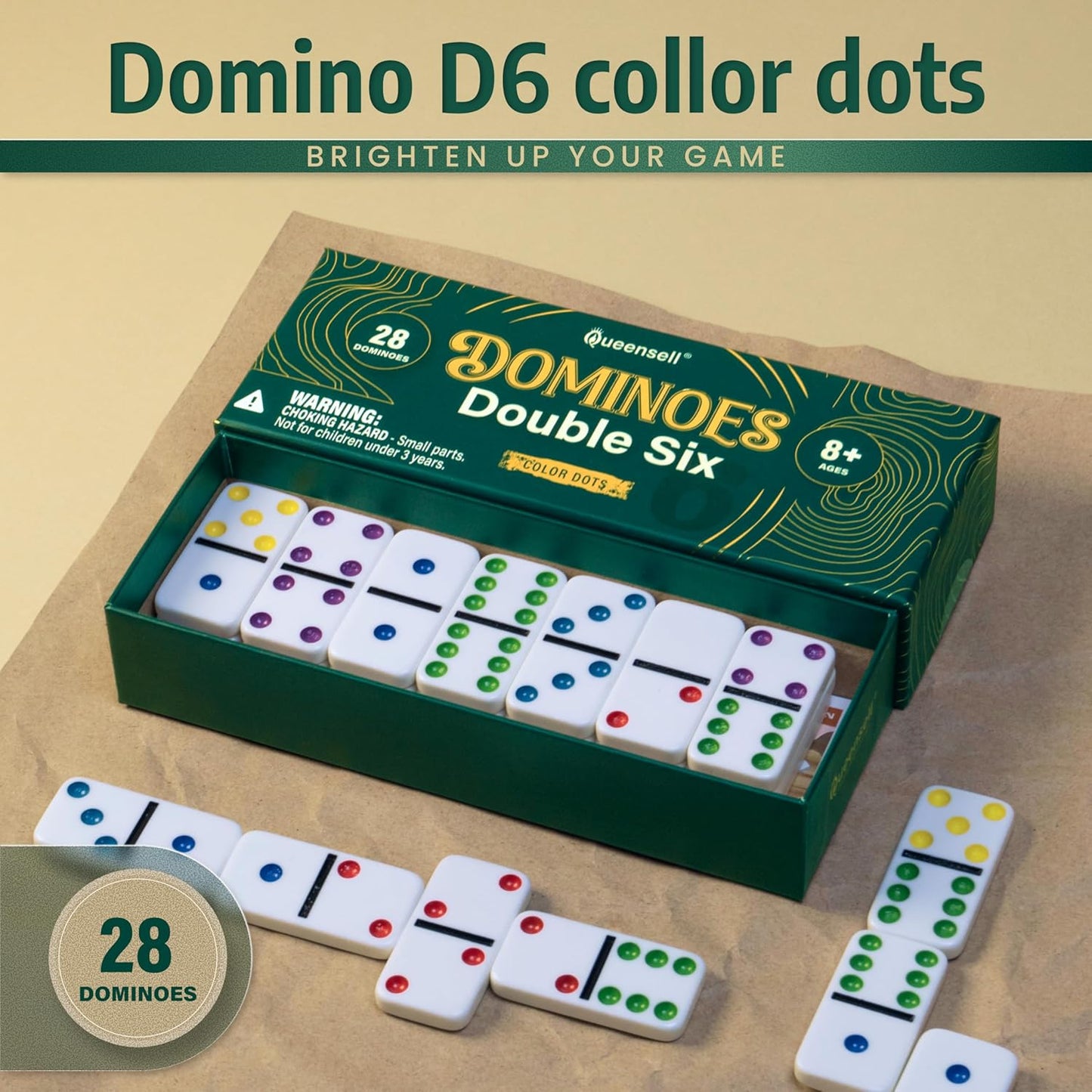 Queensell Dominos Set for Adults with Colored Dots - Double 6 Dominoes Set is a Classic Board Games for Kids and Adults - Double Six Standard Dominos Set 28 Tiles