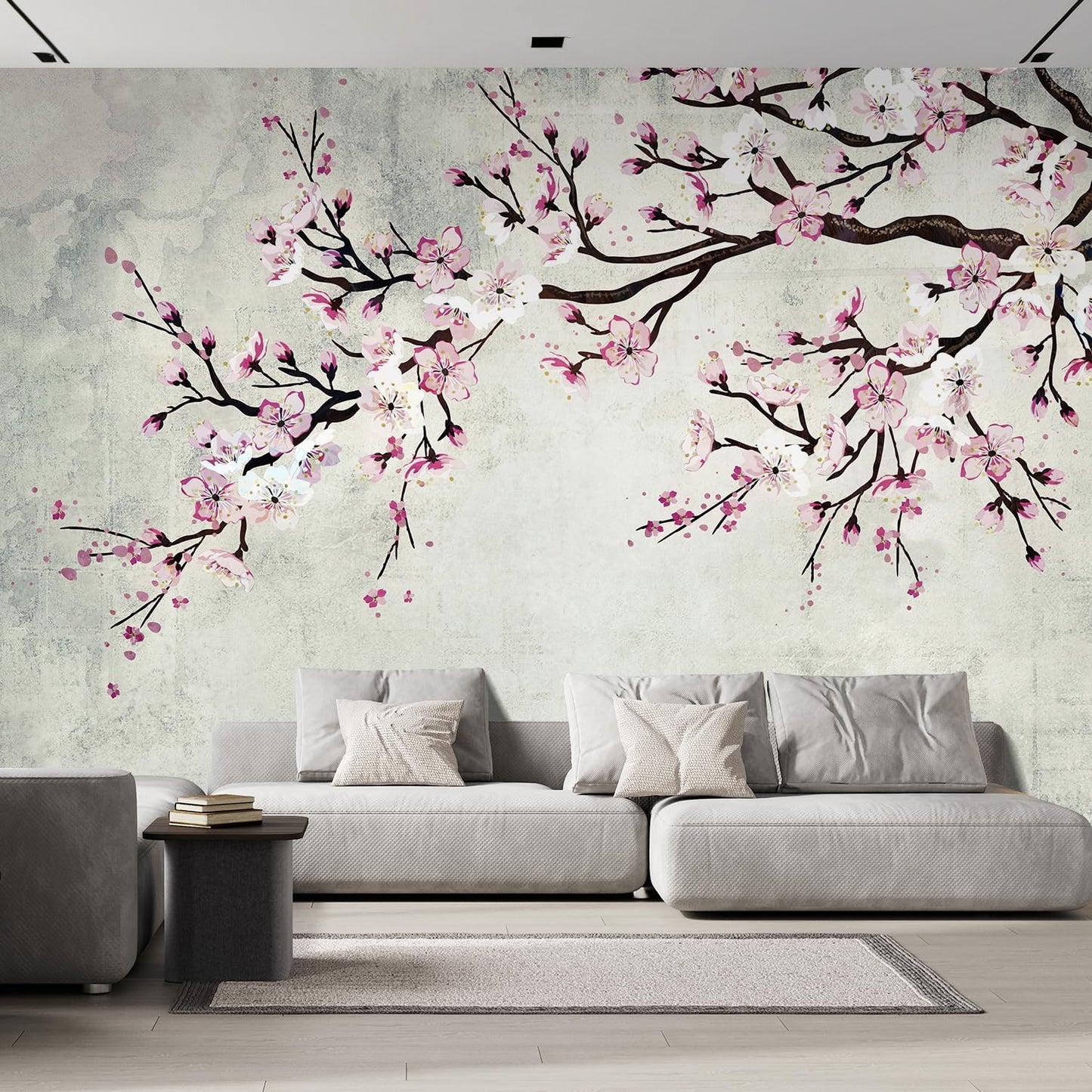 wall26 Wall Sticker/Wall Mural Watercolor Style Ink Painting Pink Cherry Blossom on Vintage, Not Peel and Stick, Non-Woven Wallpaper Decorative for Bedroom, Living Room,Office - 132x144 inches