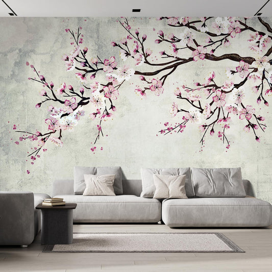 wall26 Wall Sticker/Wall Mural Watercolor Style Ink Painting Pink Cherry Blossom on Vintage, Not Peel and Stick, Non-Woven Wallpaper Decorative for Bedroom, Living Room,Office - 120x192 inches