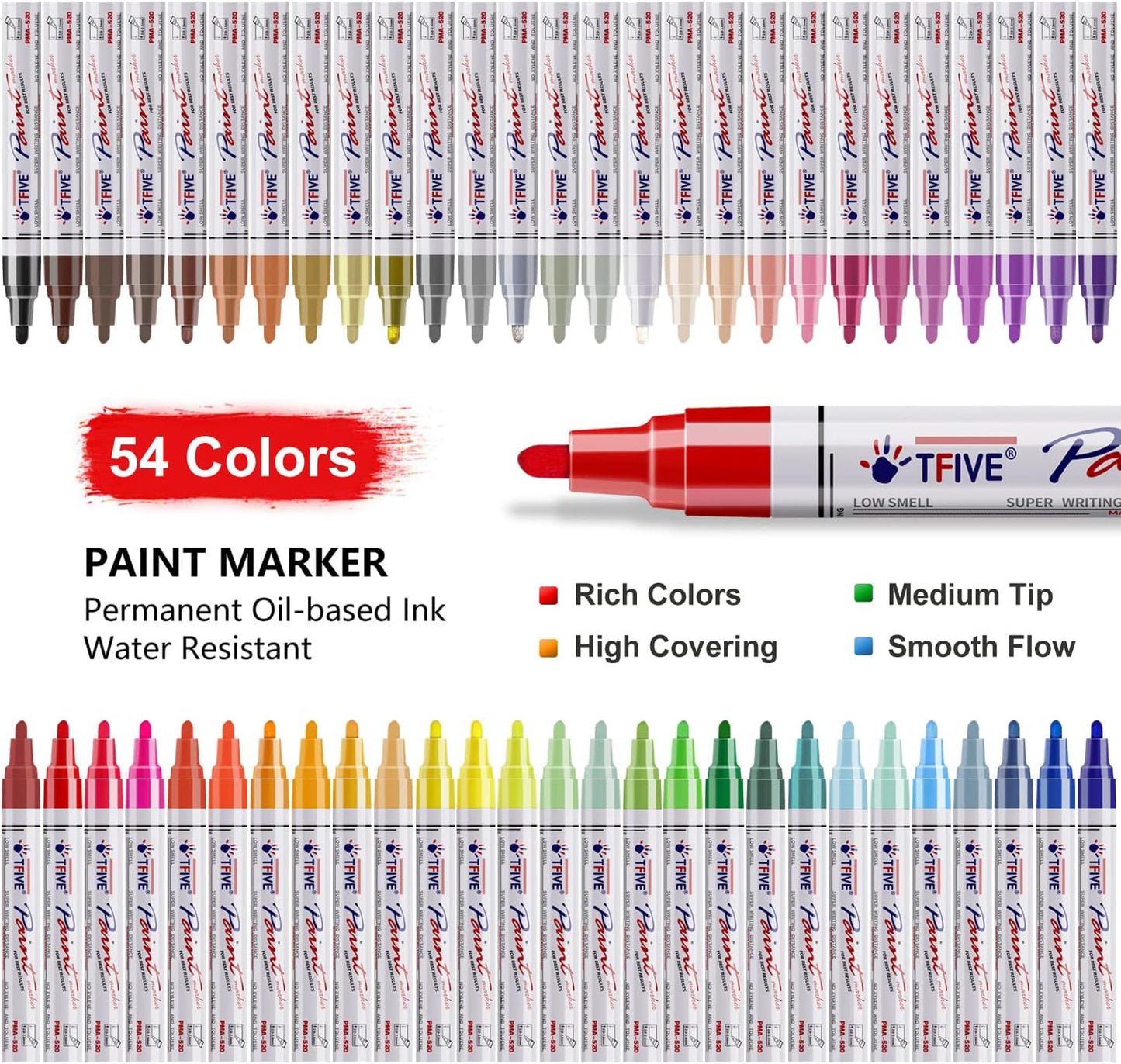 TFIVE Paint Markers Pens - 54 Colors Medium Tip Markers, Permanent, Waterproof & Quick Dry, Paint Pen for Metal, Wood, Fabric, Plastic, Rock Painting, Mugs, Canvas, Glass, Art Craft