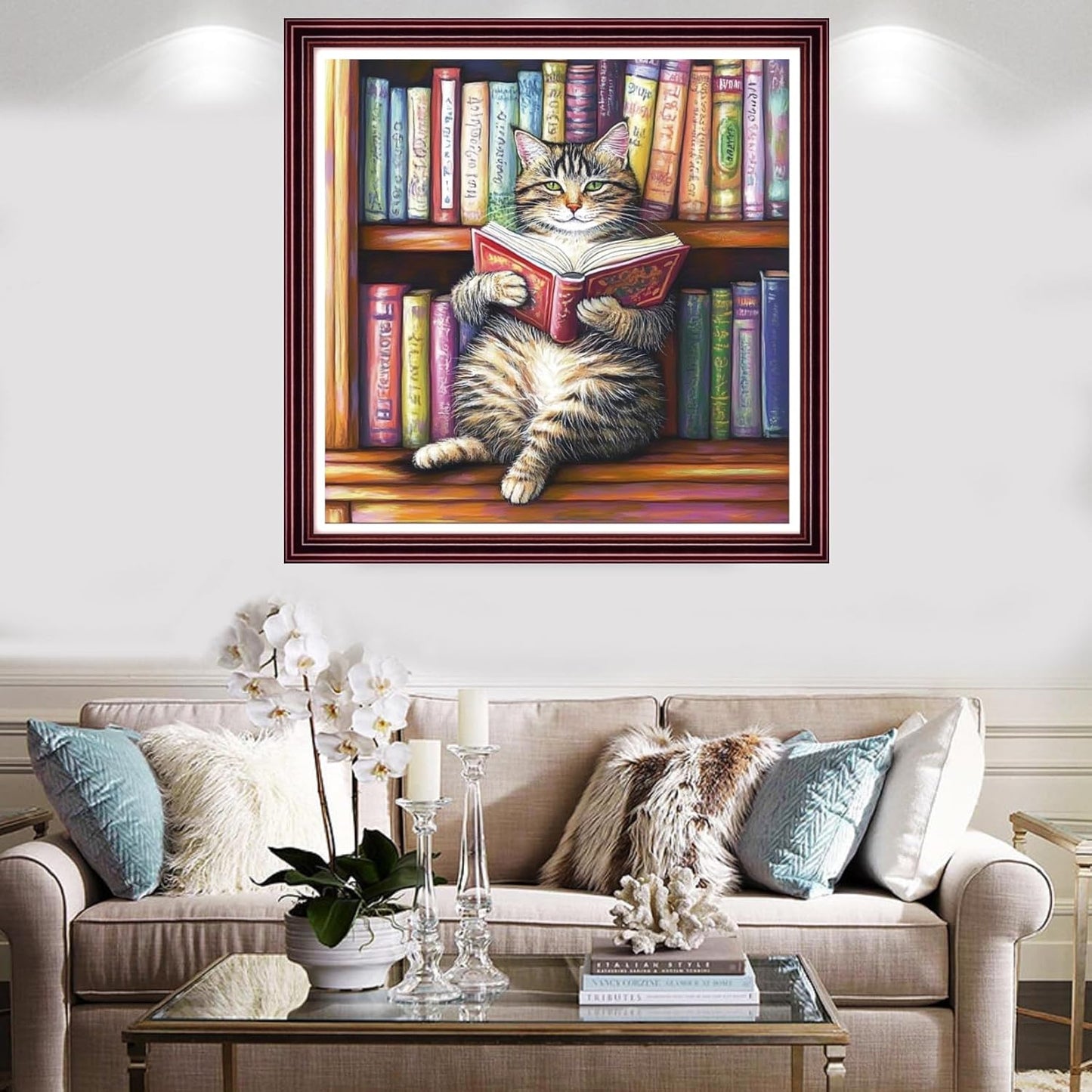 Redxing Stamped Cross Stitch Kits Full Range of Embroidery Starter Kits- Needlepoint Counted Cross Stitch Kits for Beginner Adults 11CT Printed Embroidery Kit-Reading on cat Bookshelf 18x18 inch