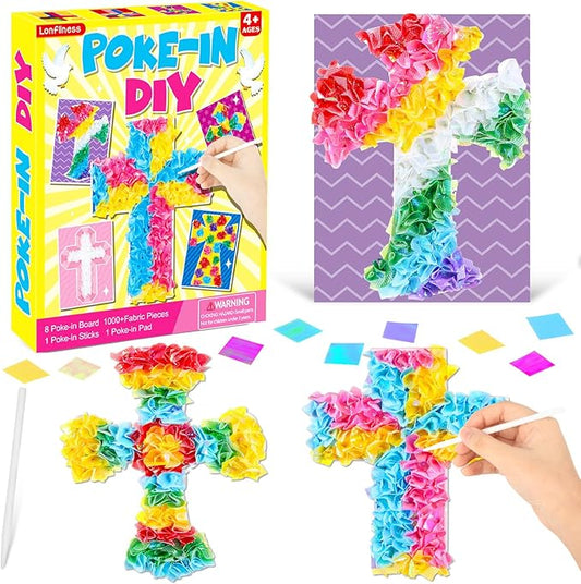 8PCS Poke-in Craft and Art Kit Religious Cross Themed No-Mess Fabric Sewing Art Puzzle Puncture Painting Christian Sunday School VBS Creative Activity Game Birthday Party