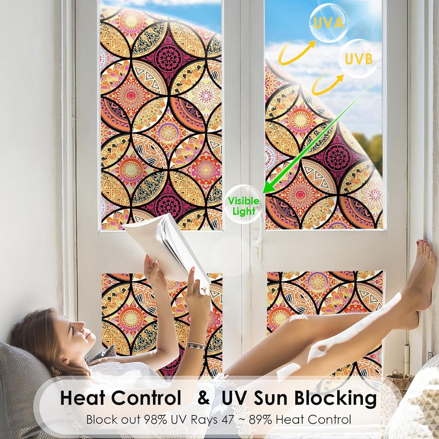 DKTIE Stained Glass Window Film with Installation Tools - Bohemian Style, Privacy Protection, Softening Light, Home Decorative Window Film, 17.7 x 78.7 Inch