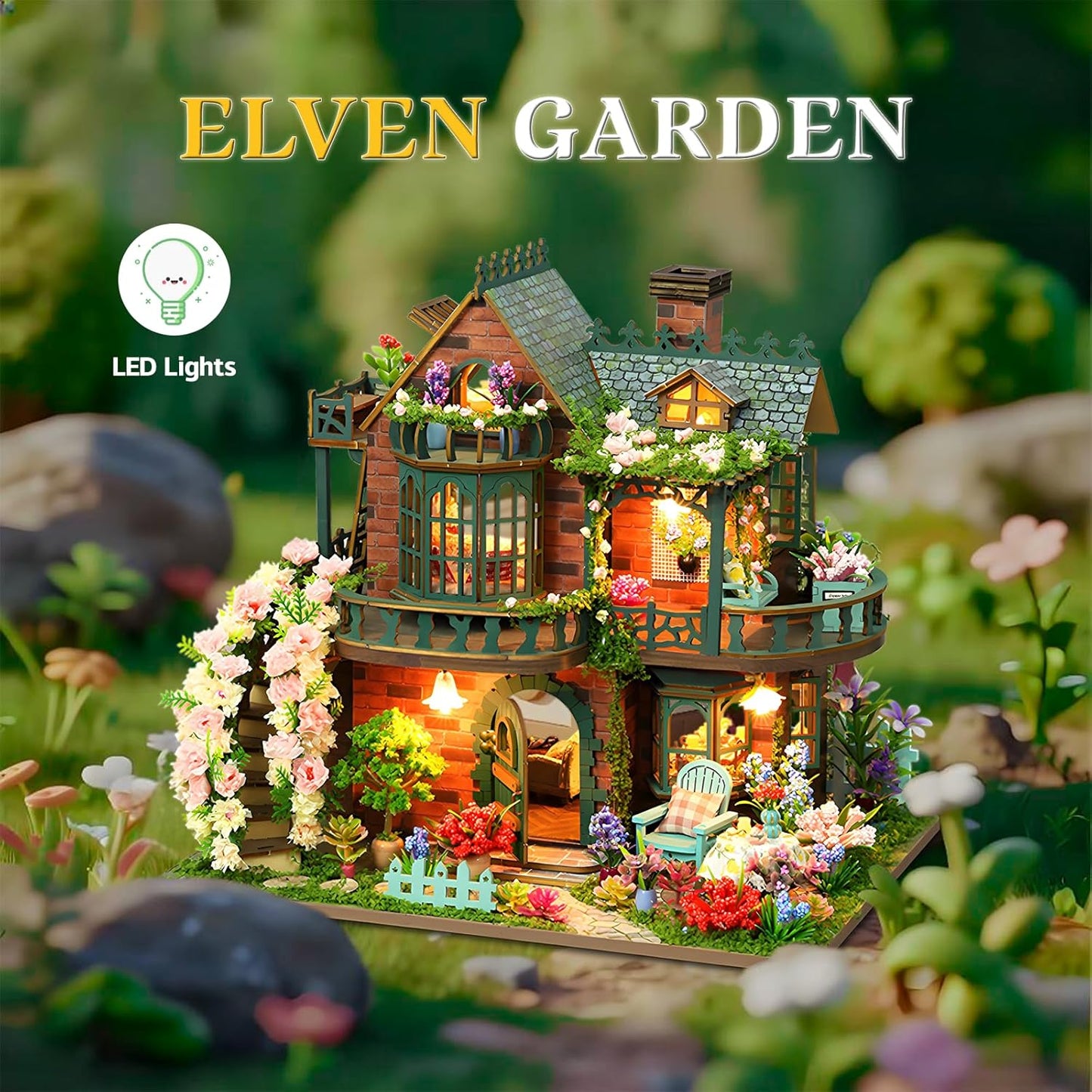 DIY Miniature House Kit, Book Nook Kit for Adult, 3D Wooden Puzzles, Dollhouse Kit with LED Light, Mini Building Kit, Craft Kit for Teen to Build (Elven Garden)