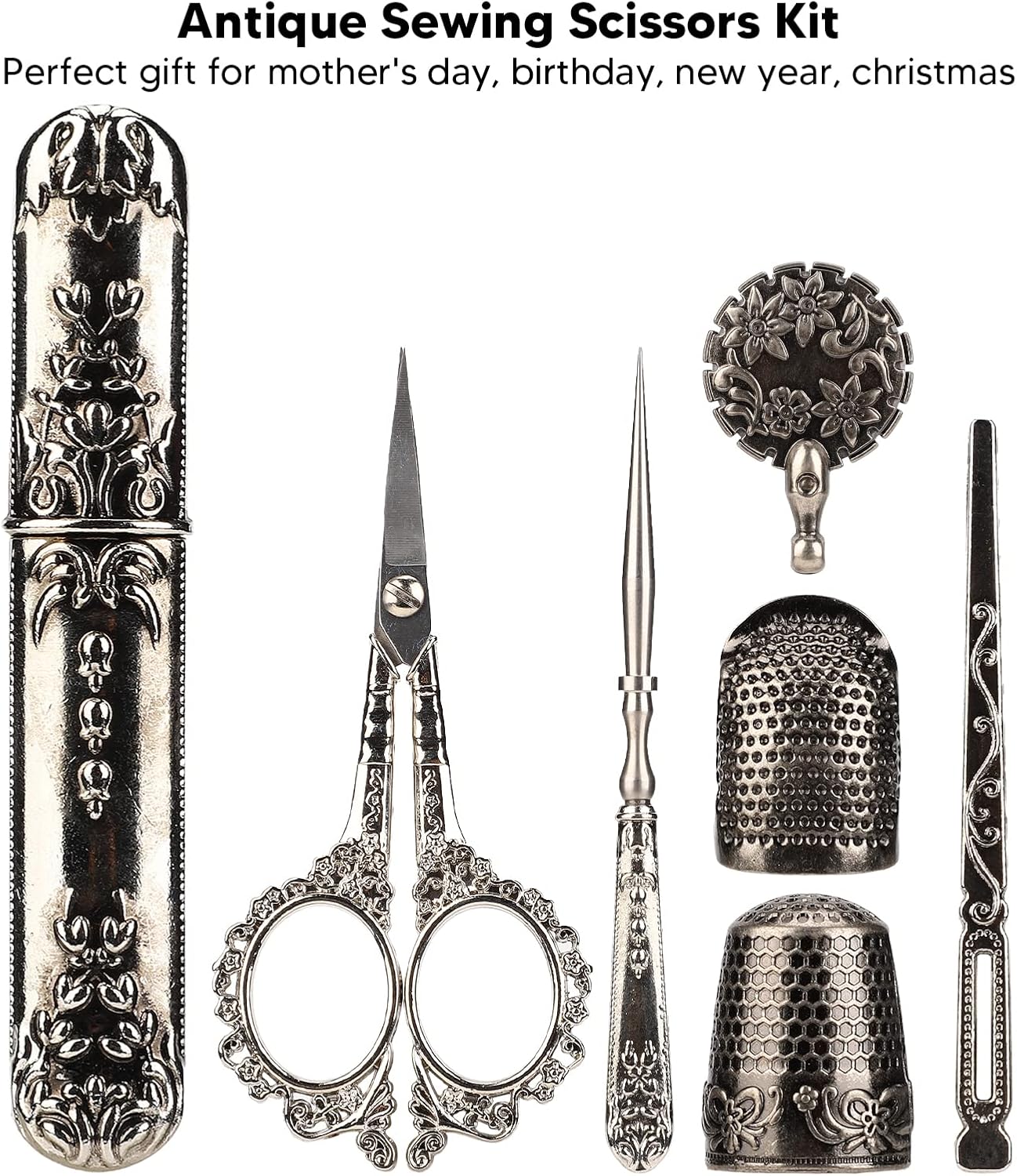 Vintage Embroidery Scissors Set, Comfortable Handle, Stainless Steel, Antique Design, Complete Sewing Kit for Embroidery, Needlework, with Thimble, Threader, and Needle Case