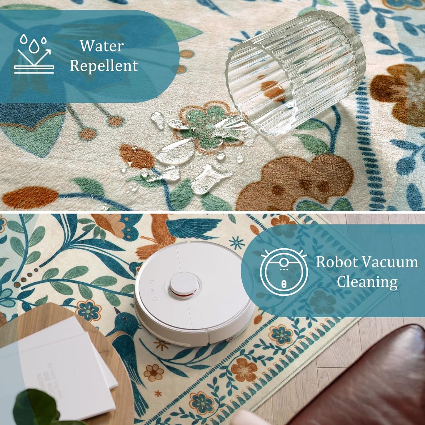 Morebes Floral Washable 5x7 Nursery Rug, Boho Insect Living Room Rug Non Slip, Vintage Jungle Bird Rug for Bedroom, Indoor Plant Floor Carpet for Playroom Foyer, Beige/Multi