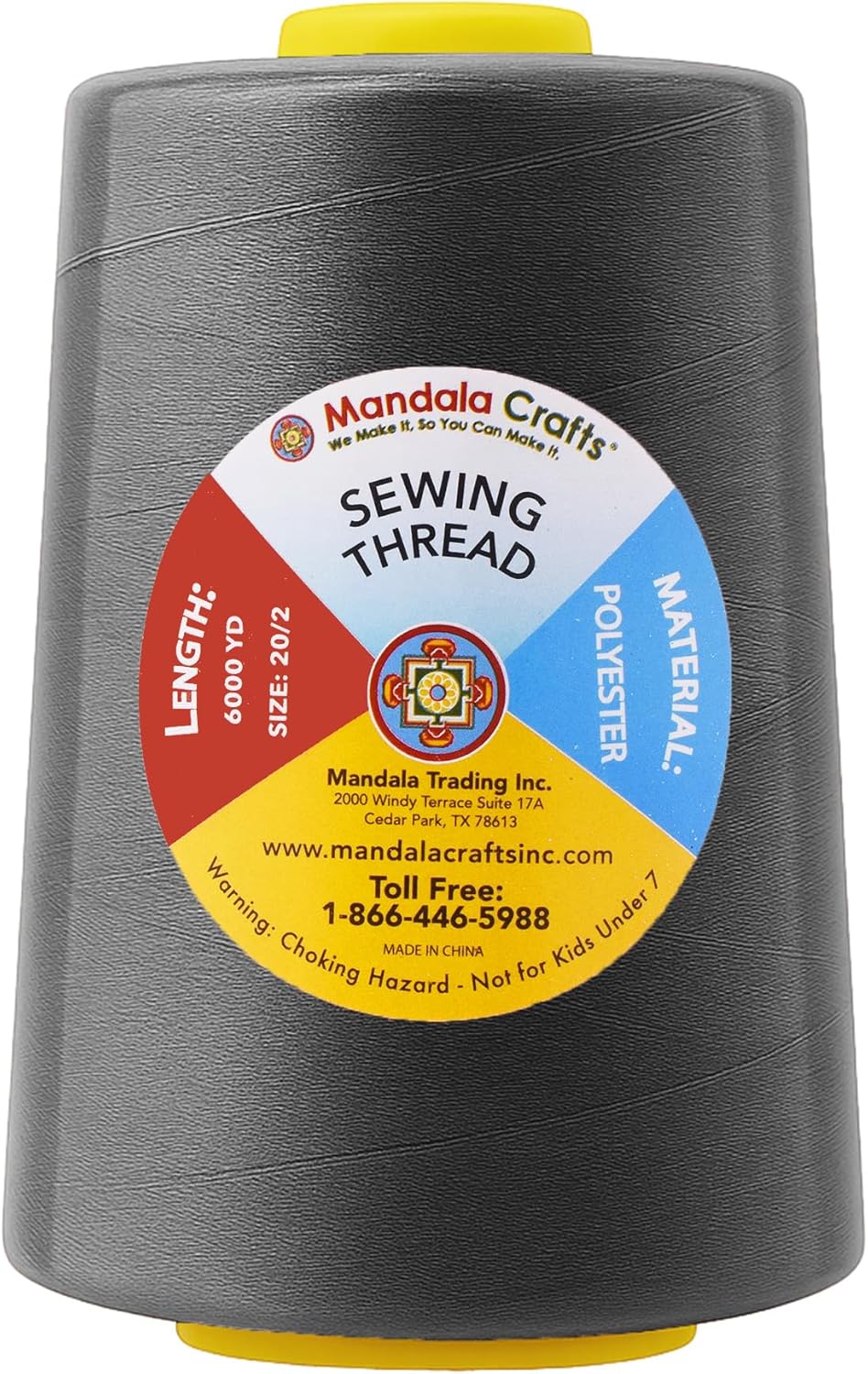 Mandala Crafts 4 Pack of Serger Threads Cones Spools - 20S/2 24000 Yards Polyester Charcoal Gray Threads for Sergers Machine and Overlock Quilting Sewing Machine