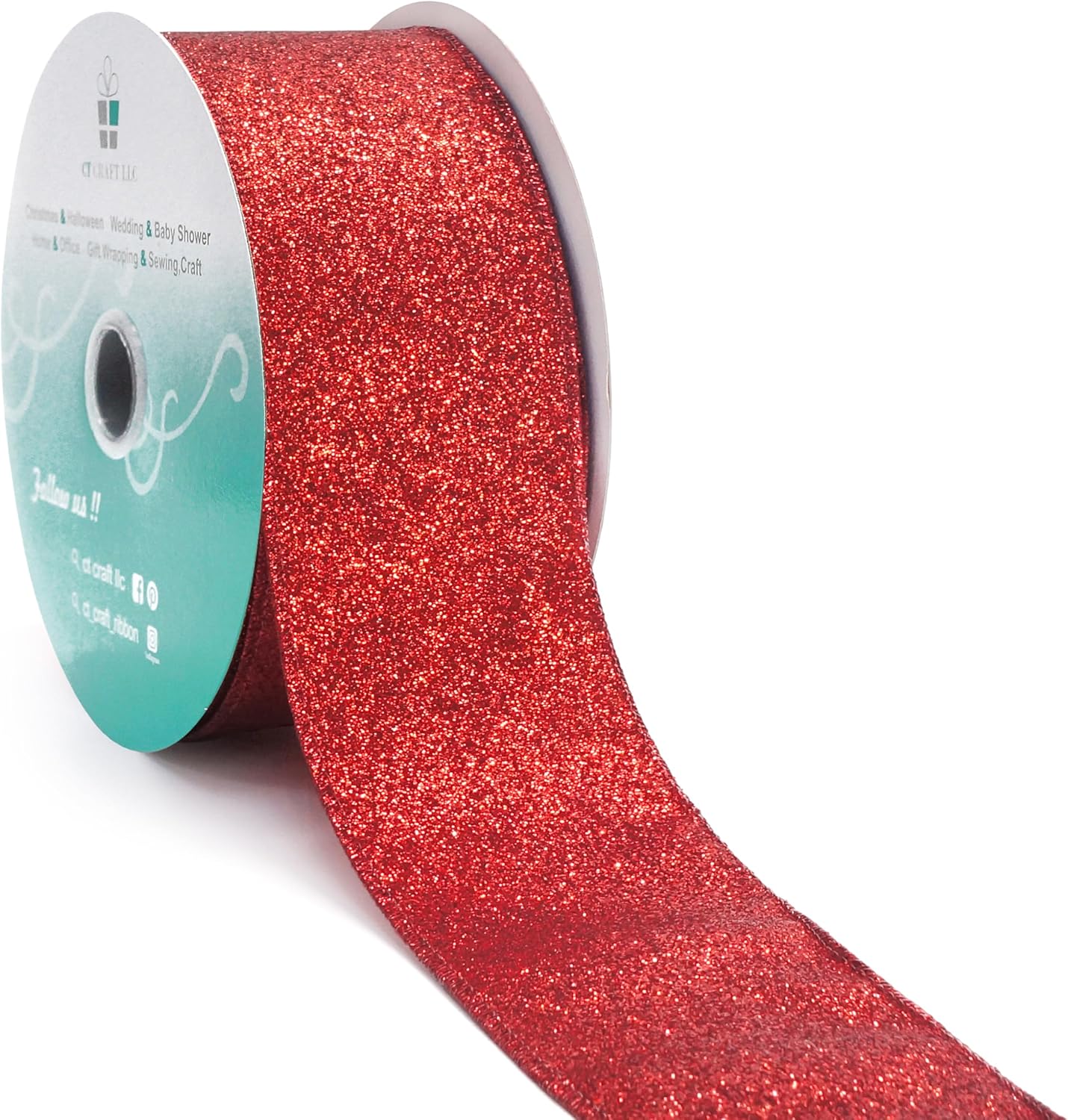 CT CRAFT LLC Glitter Wired Ribbon 2.5" x 20 Yards Red for Christmas Home Decor Bow Gift Wrapping DIY Crafts Wreath