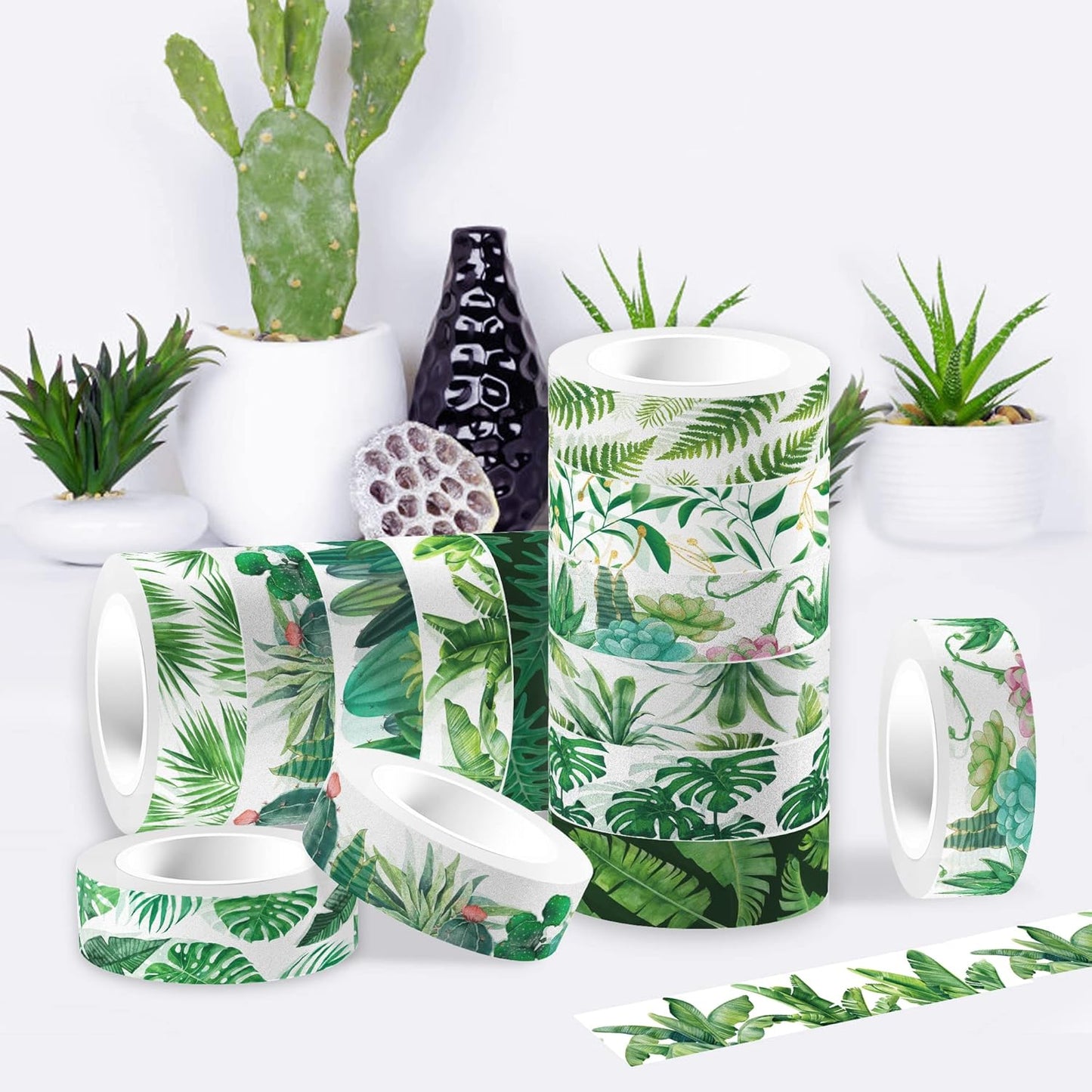 Greenery Washi Tape Set 12 Rolls, Tropical Leaves Masking Tape Hawaii Green Plants Cactus Summer Greenery Decorative Stickers for Note Scrapbook Handbook Sticker Gifts Wrapping DIY Art Crafts