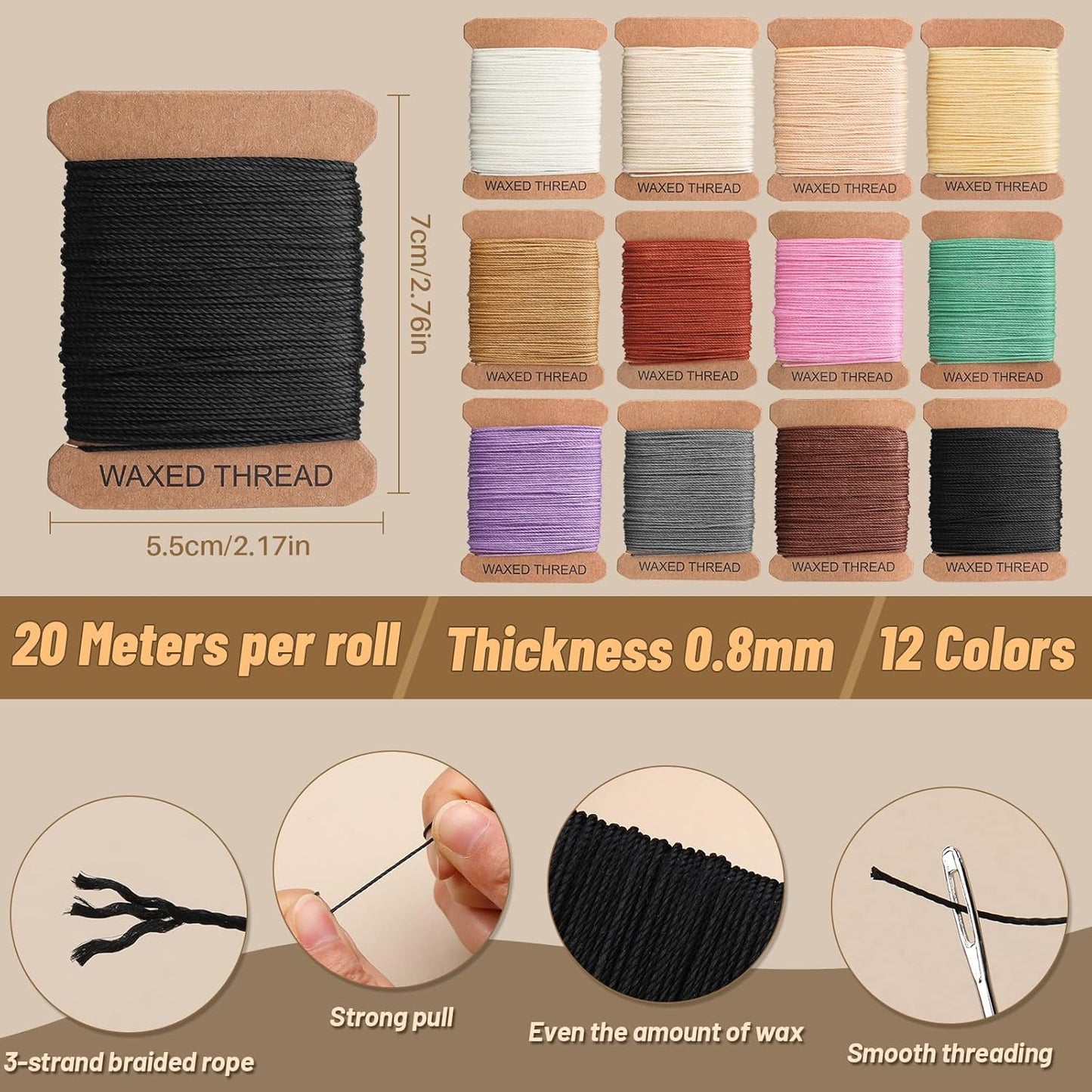 IMZAY Upholstery Repair Kit, Waxed Sewing Thread (12Colors), Heavy Duty Needles(14 PCS), 264 Yards Strong Sewing Thread with Thimbles for Canvas, Leather Sewing