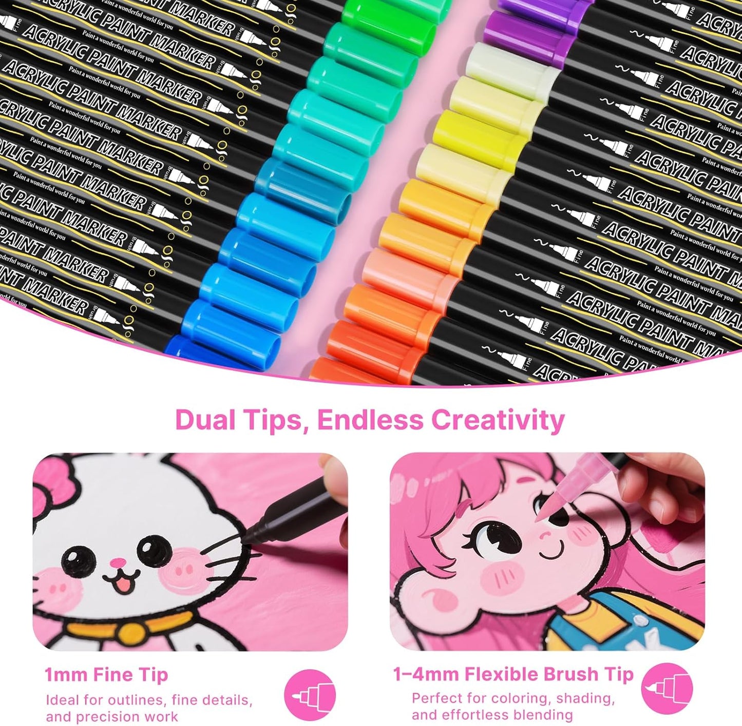 Tongfushop 120 Colors (12 Metallic) Acrylic Paint Marke, Dual Fine & Brush Tip Paint Pens, No Bleed & Quick-Dry with Case for Rock Painting, Canvas, Wood, Ceramic, Glass, Adult & DIY Art Supplies