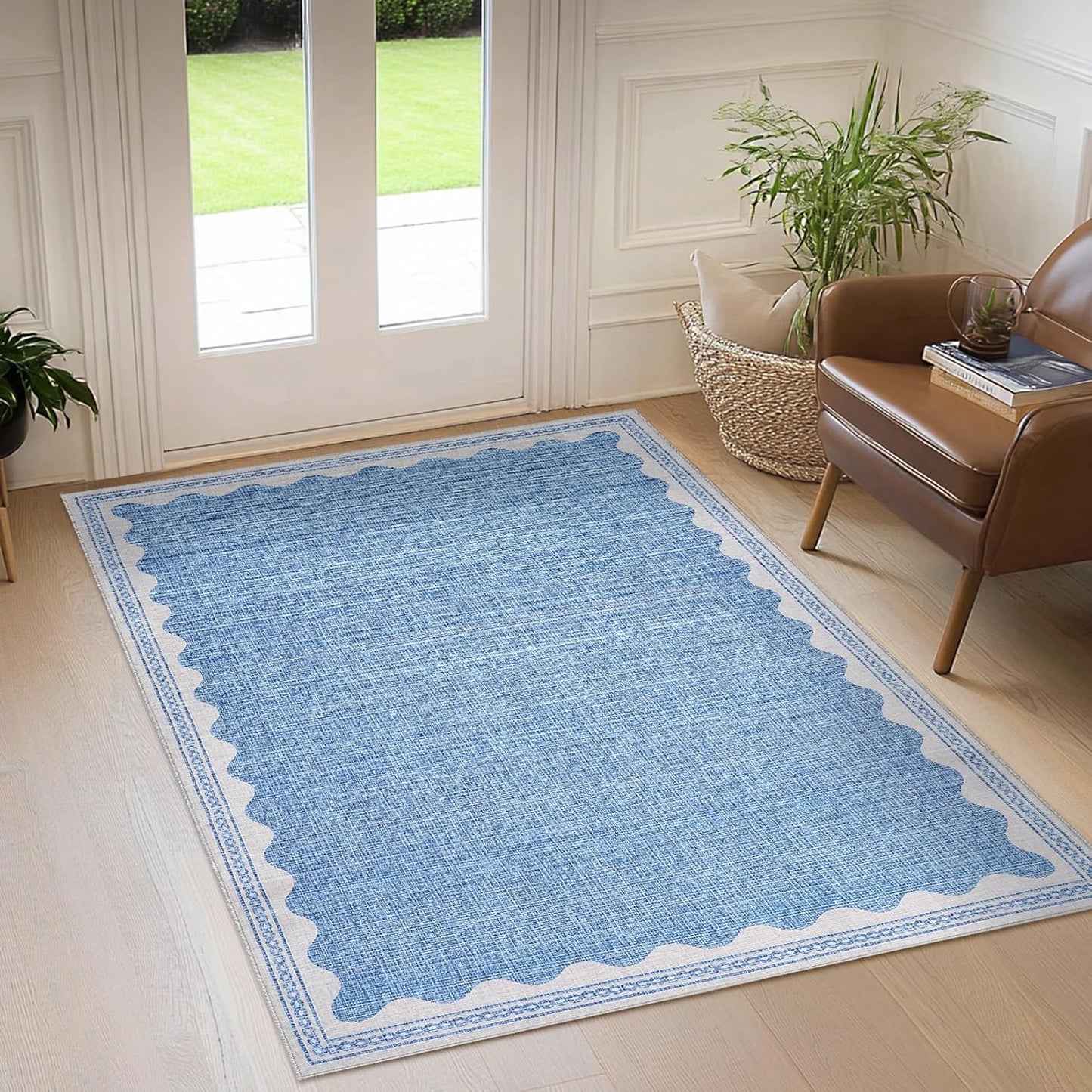 Scalloped 3x5 Rugs for Entryway, Small Area Rug Solid Blue Rug for Bedroom Girls, 3x5 Washable Rugs for Living Room, Non Slip Scalloped Bath Mat, Soft Dorm Nursery Carpet for Bedside
