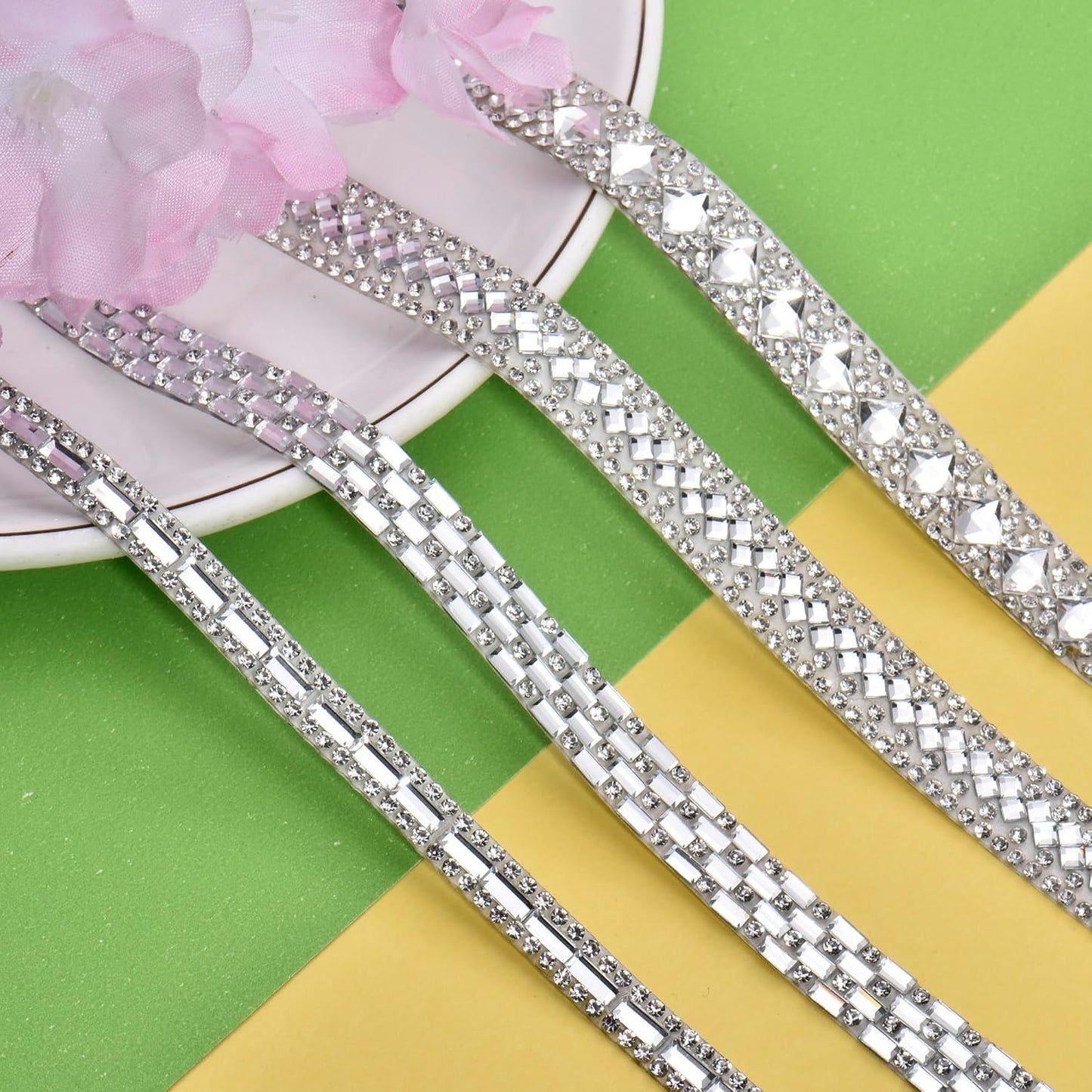 4 Rolls Bling Rhinestone Ribbon Crystal Strips, 4 Styles Self Adhesive Glass Crystal Sticker Rhinestone Tape for DIY Car&Craft Wedding Christmas Gift Decoration