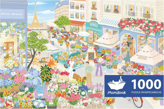 MOMIBOOK Puzzles for Adults 1000 Pieces Jigsaw Puzzles of Paris in Bloom, Painting Image Steet Flower Shop Difficult Challenging Hard Impossible Puzzle Unique Funny Party Christmas Birthday Gifts