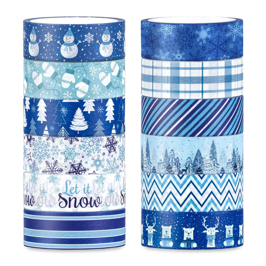 Whaline 12 Rolls Winter Washi Tape Blue White Snowflake Snowman Holiday Masking Tape Xmas Tree Reindeer Assorted Pattern Washi Tape for Scrapbook Journal DIY Craft Gift Wrapping Party Decor