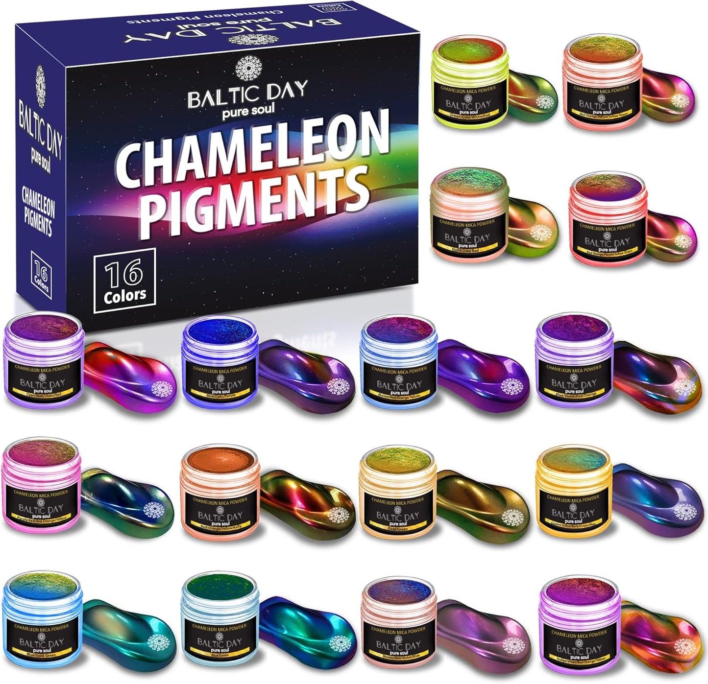 BALTIC DAY - Chameleon Mica Powder, 16 Jars of Color Shift Mica Powder Set - Epoxy Resin Color Pigment - Chameleon Powder - Holographic Mica - Resin Pigment