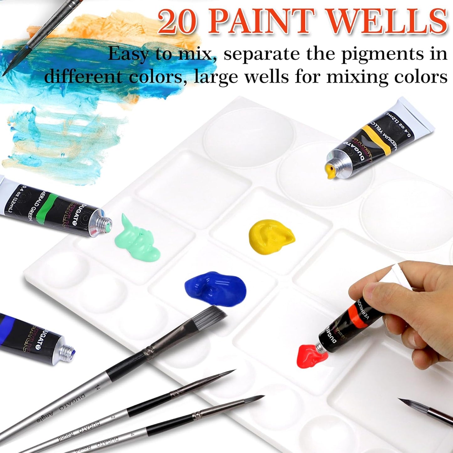 DUGATO Large Paint Palette Trays (2 Pack, 10x13) - 20-Well Plastic Mixing Palettes for Acrylic, Oil, Watercolor & Gouache Paints - Artist Supplies