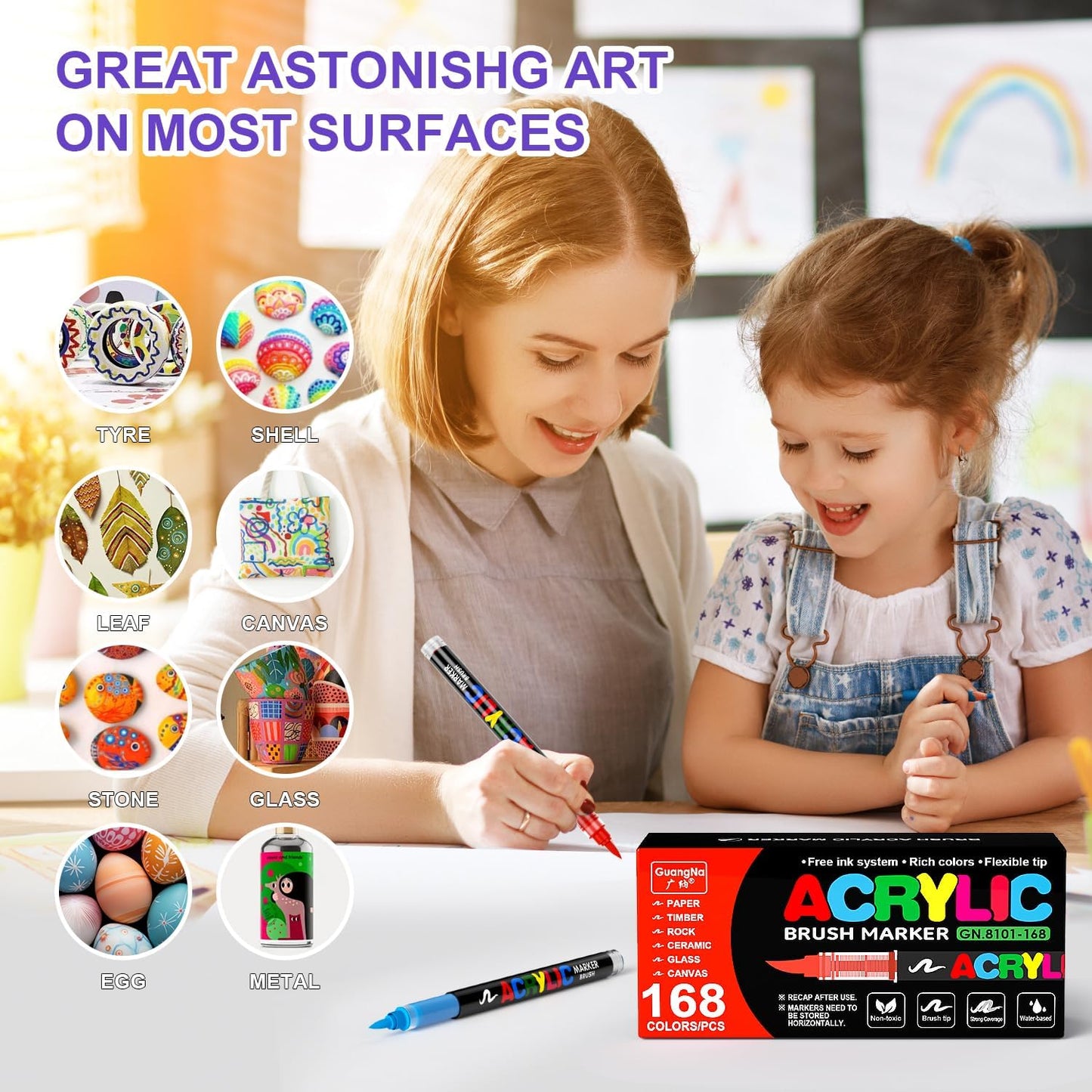 DICEKOO 168 Colors Acrylic Paint Markers, Soft Brush Tip Pens with Automatic Ink Control System, Waterproof, Quick-Drying, Lightfast, for Rock Painting, Canvas, Wood, Egg & DIY Crafts Art Supplies