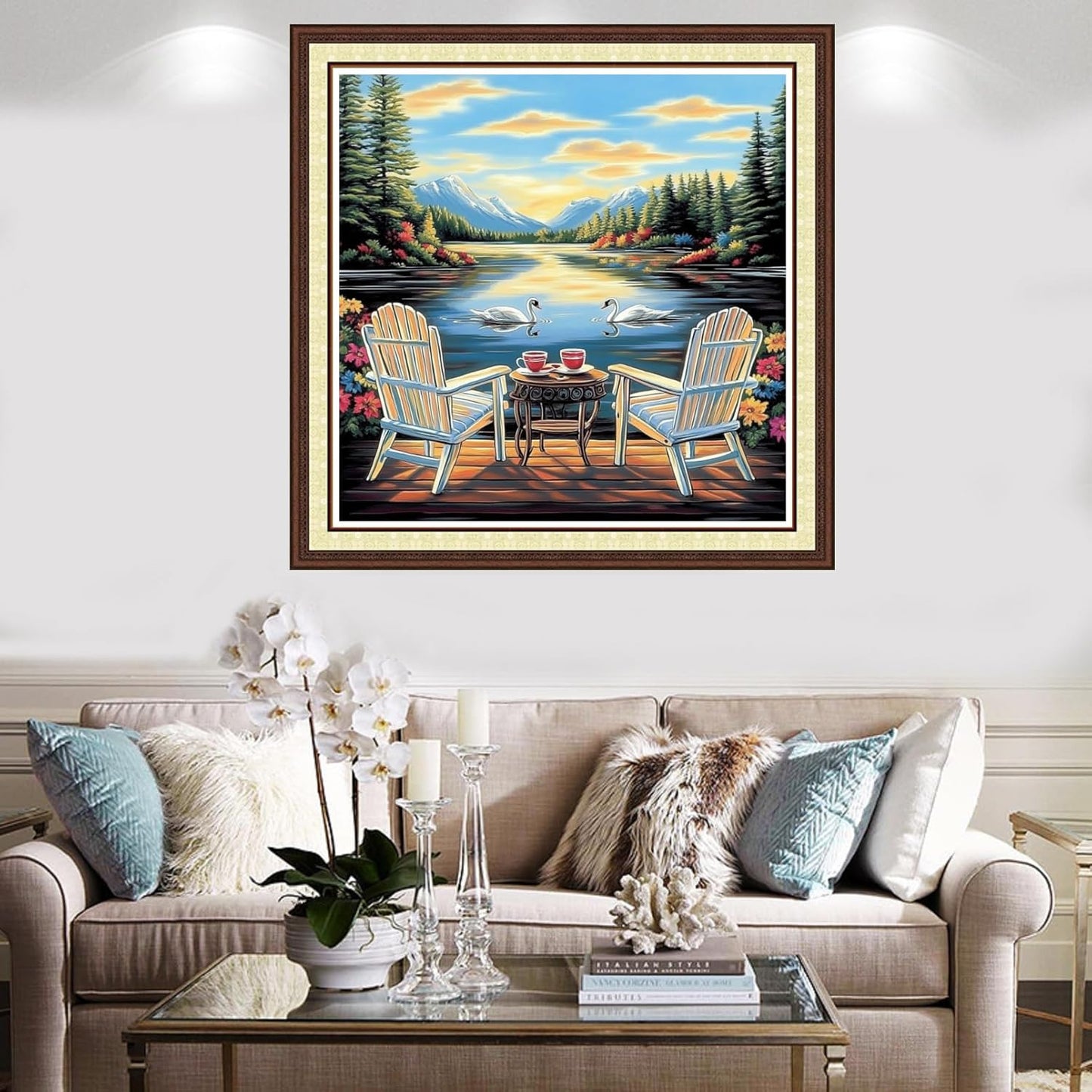 Findvoor Counted Cross Stitch Kits for Adults Full Range of Cross Stitching Embroidery Unprinted Pattern for Beginners, 11CT Needlepoint Kit Patterns Embroidery Kits-Watching Swans by Lake 18x18 inch