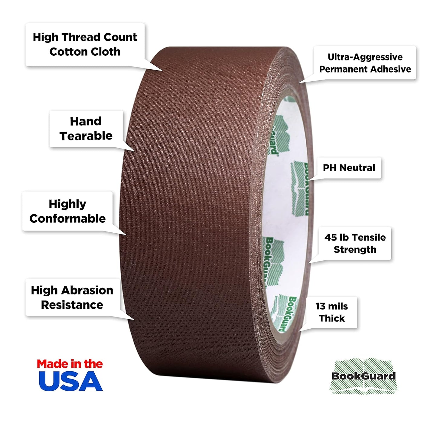 BookGuard 1-1/2 Inch Vinyl-Coated Cotton Cloth Bookbinding Repair Tape, 15 Yard Roll, Brown