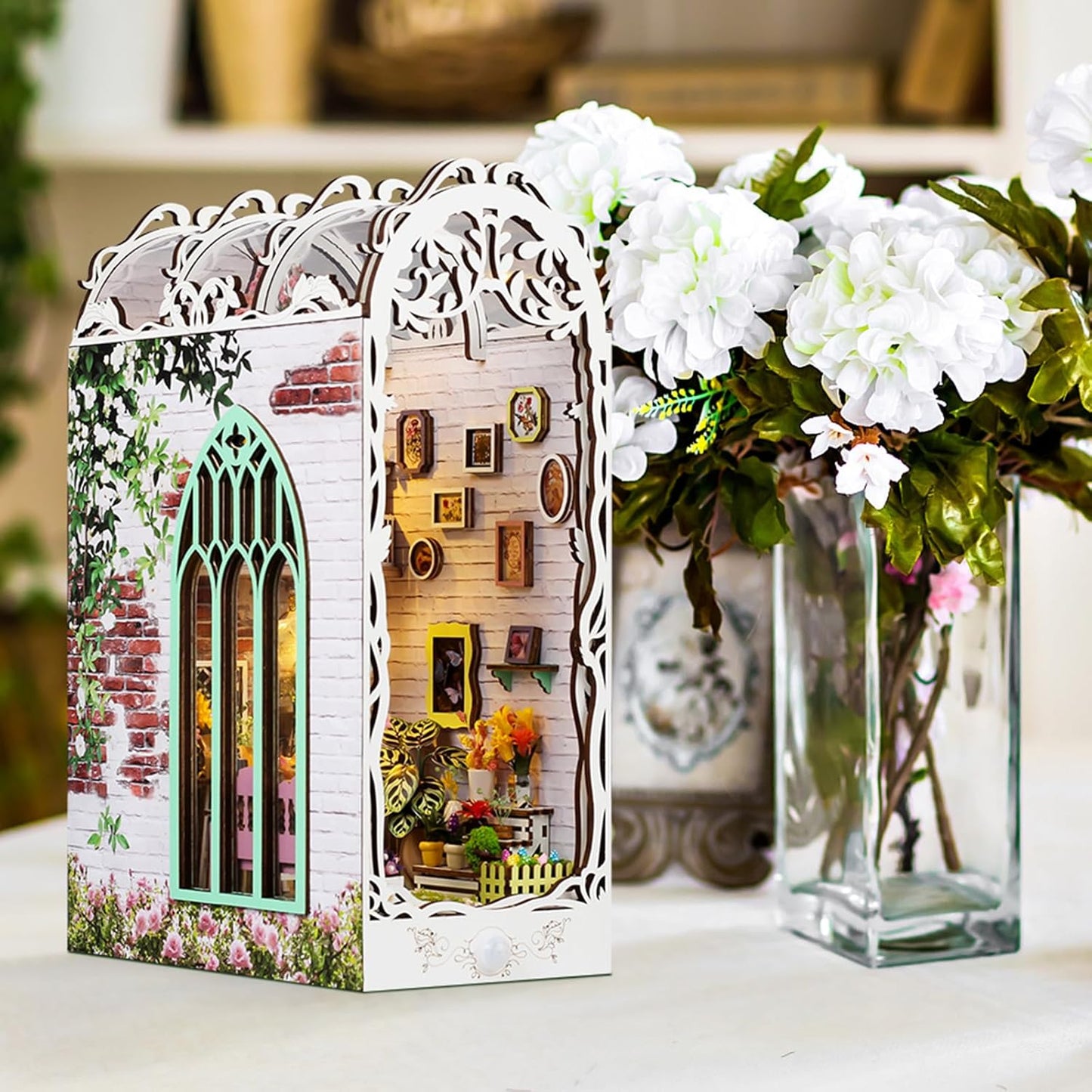 Book Nook Kit - DIY Miniature Dollhouse Kits for Adults, Booknook Bookshelf Insert with LED Light, 3D Wooden Puzzle Bookend Insert, Hobbies Gifts for Family and Friends, Flower House