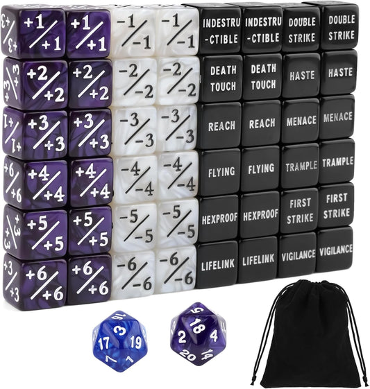 50PCS MTG Dice Counters, 24PCS Abilities Keywords/ 24P -1/+1 Buff Tokens/ 2P D20 Cube Dices/Storage Bag, MTG Counters for TCG Card Games