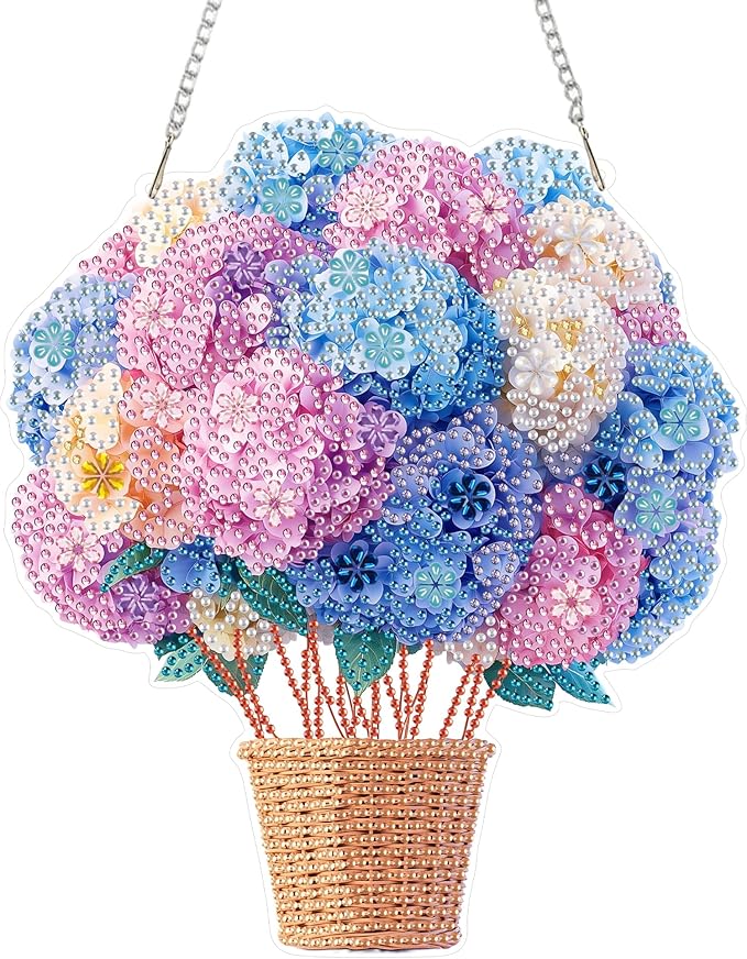 Eiflow Acrylic Diamond Art Hanging Kit for Adults Hydrangea Flower Balloon, DIY Diamonds Painting Door Hanger Board Kit, Special Crystal Diamond Art Painting Pendant Ornament