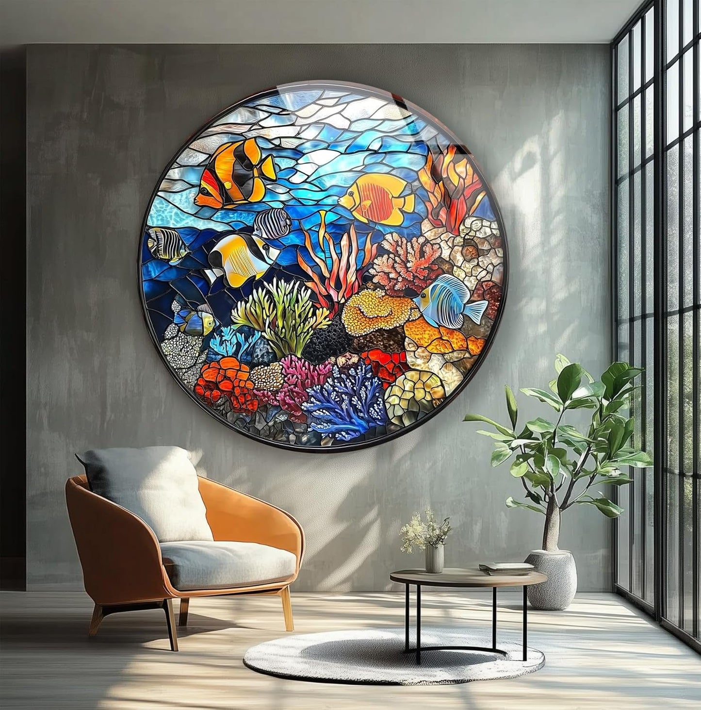 My Photostation.com 39,4''(100cm) Diameter Coral Reef Mosaic Round Glass Wall Art Tempered Glass Printing Wall Decor Large Wall Art Wall Hangings