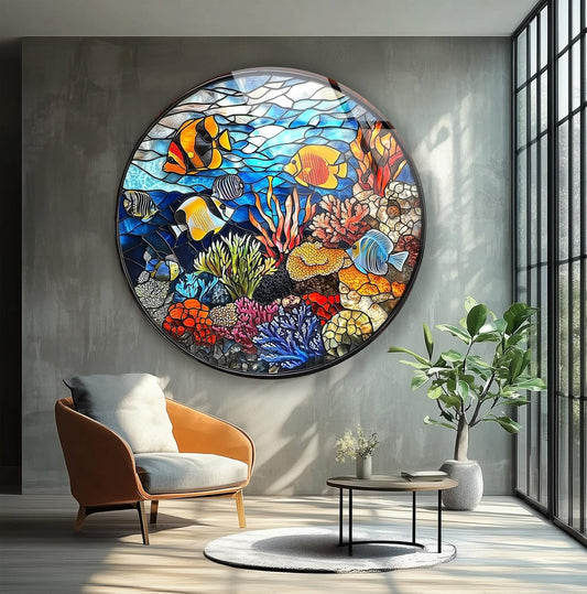 My Photostation.com 20''(50cm) Diameter Coral Reef Mosaic Round Glass Wall Art Tempered Glass Printing Wall Decor Large Wall Art Wall Hangings