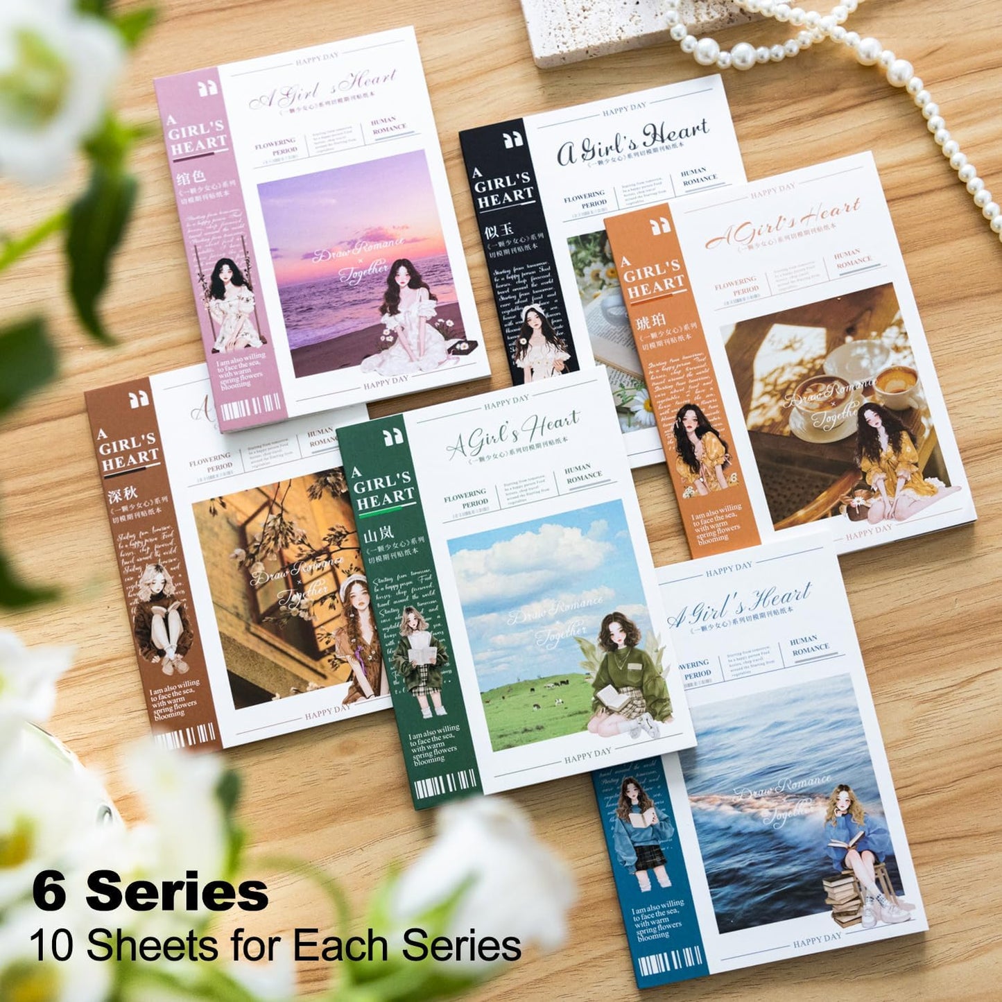 6Pcs Girl Sticker Book Set, Pre-Cut Scrapbook Kits for Journal Supplies DIY Crafting Planner, with Organizer