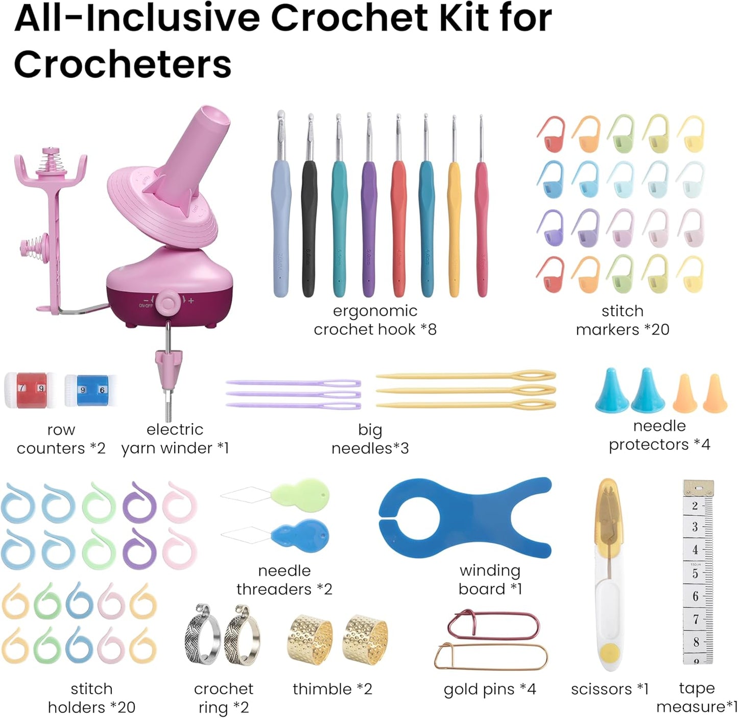 Etcokei Yarn Winder Crochet Kit, Electric Ball Winder for Knitting, Automatic Yarn Spinner with Crochet Hook Set, Crochet Accessories and Supplies, Ideal Helper for Knitting Lovers(Purple)