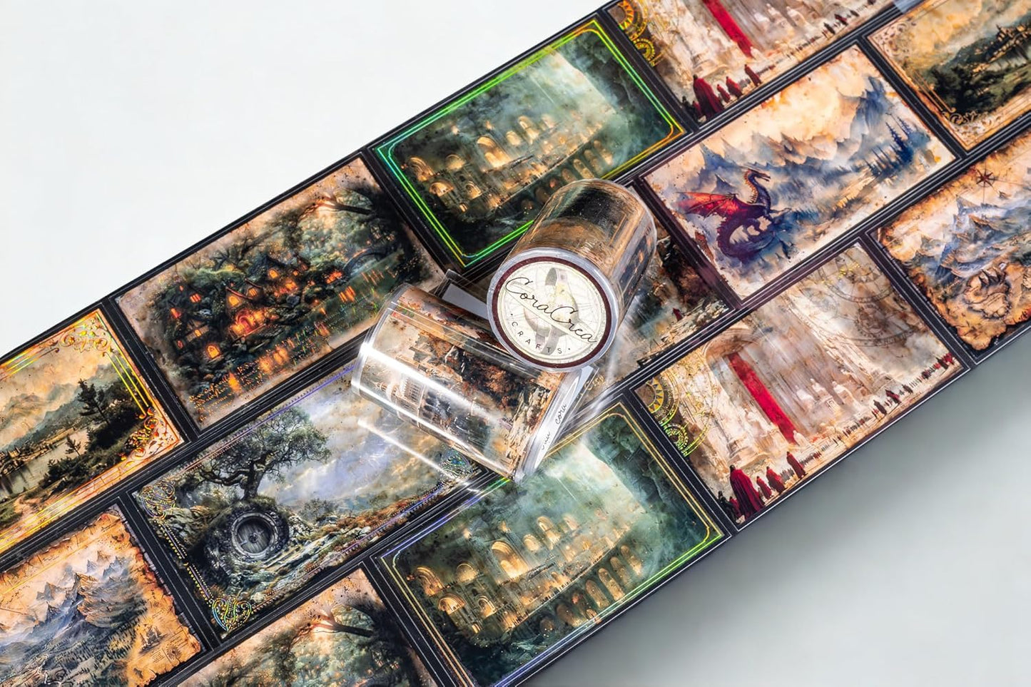 Fantasy Landscape Transparent Vintage Washi Tape 6x5 cm – Decorative Scrapbooking Craft Adhesive Roll, Magical Scenery, Enchanted World Illustration Design for Journals, Planners, Cards & DIY Projects