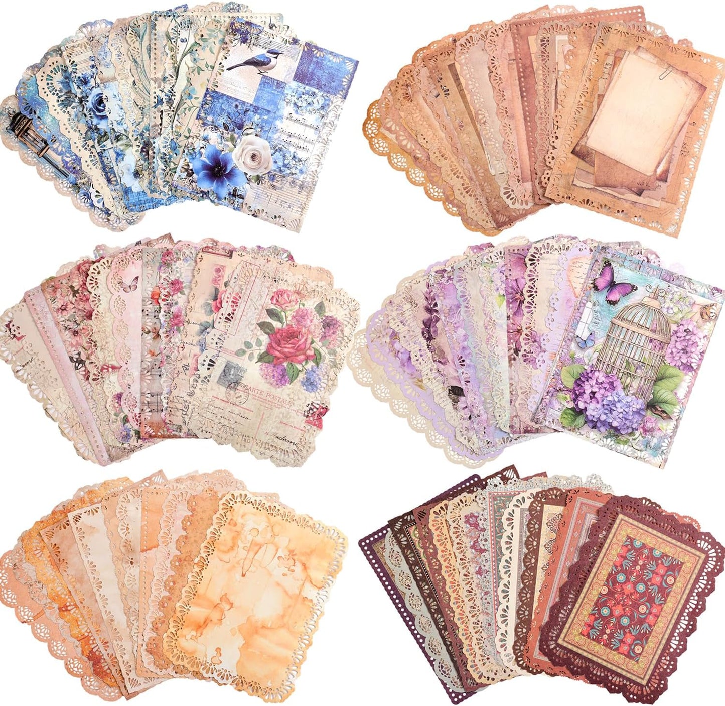 66 Sheets Lace Edged Scrapbook Paper Set, 6 Packs Vintage Decorative Paper Scrapbooking Supplies for Letter Writing Background Stationery Ephemera for Junk Journaling, DIY Art Collage 4.9x6.9 IN