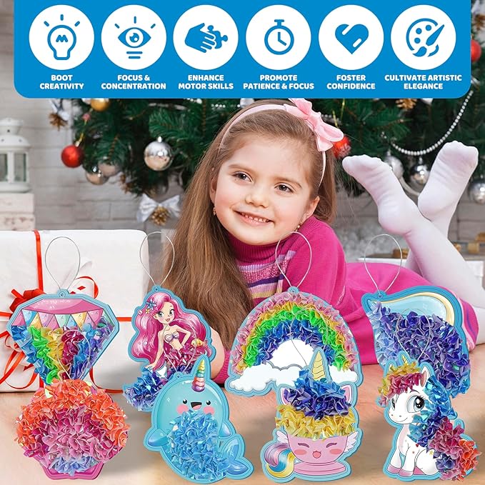 8 Packs Poke in Crafts Art Kits for Girl, Unicorn Mermaid Mess Free Kids' Paper Craft Kits, Birthday Gift for Girls 4 5 6 7 8 9 Years Old, DIY Presents, Mess Free Art Activity