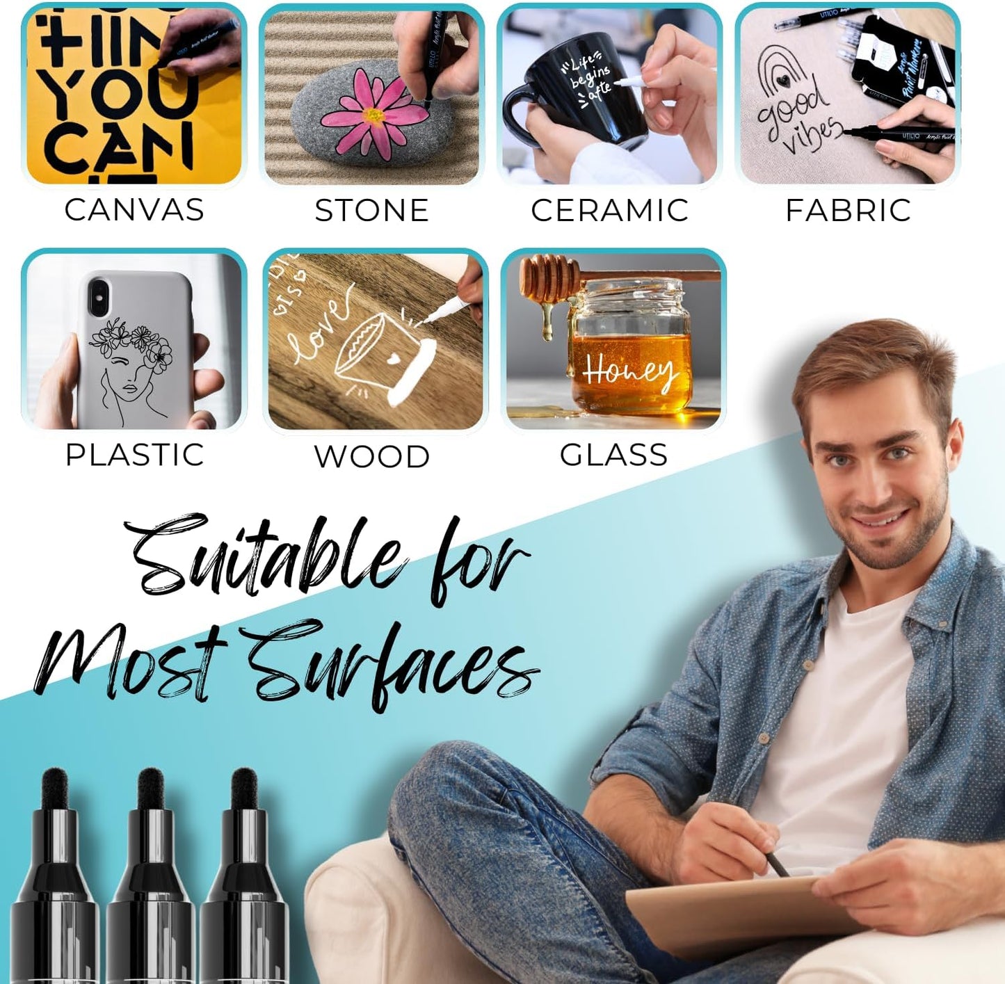 Black Paint Marker (8-Pack) Medium Tip for Pumpkin Painting and Costumes | Bold Color+100% Coverage | For Stone, Wood, Glass, Canvas, Metal, etc. | Black Paint Pens | Black Acrylic Paint Pens