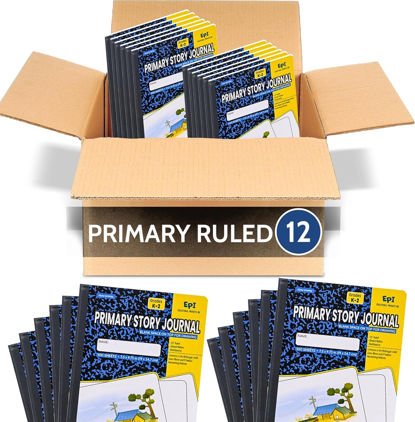 EPI Marble Hardcover Primary Ruled Composition Notebook | 200 Pages (100 Sheets), 9.75 x 7.5 in, Sturdy Sewn Binding | School, Office, Journaling, Notes - 12 Pack