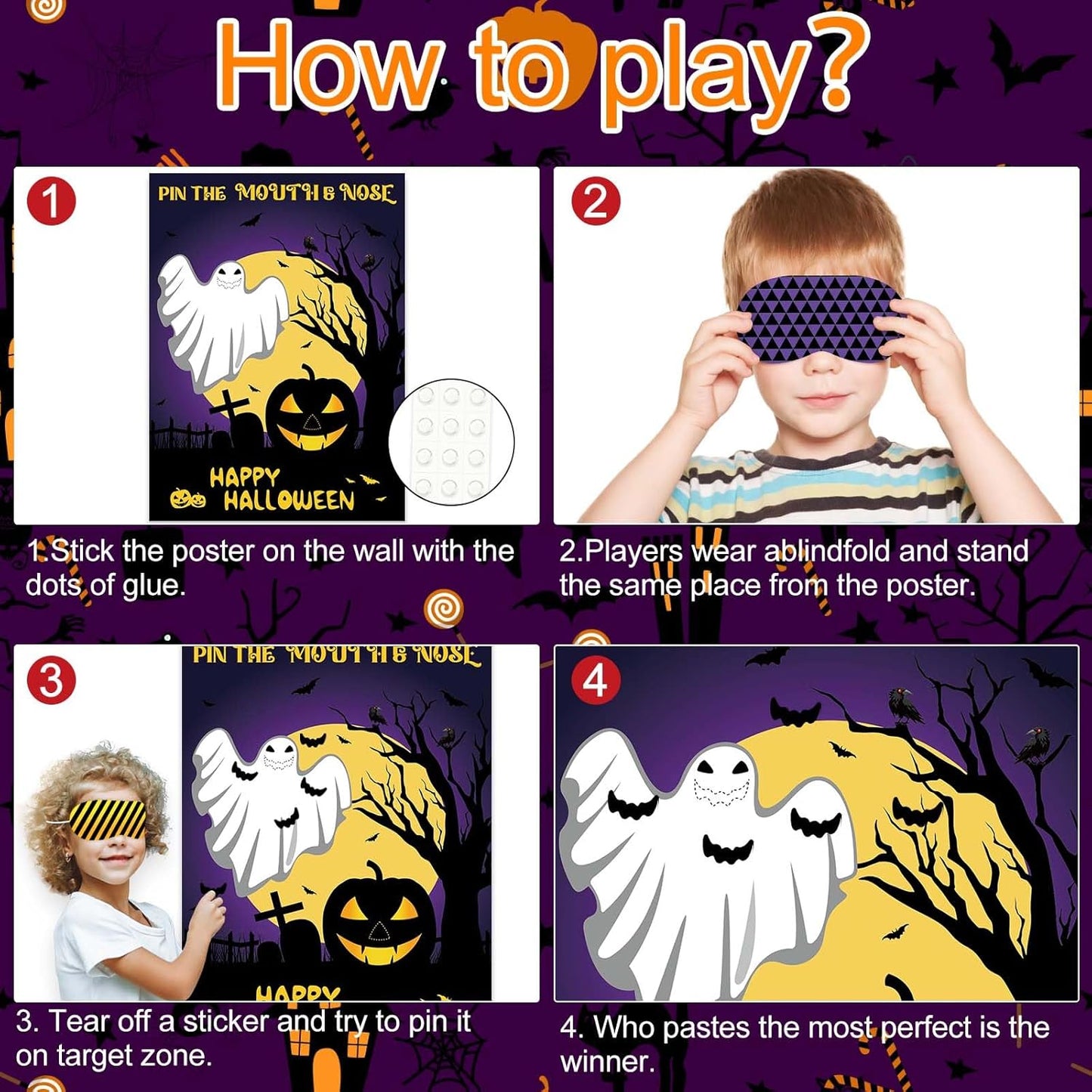 ASTARON Halloween Party Games, Pin The Mouth on Ghost Halloween Party Activities Classroom Games for Children, Kids Birthday Party Games Halloween Party Supplies