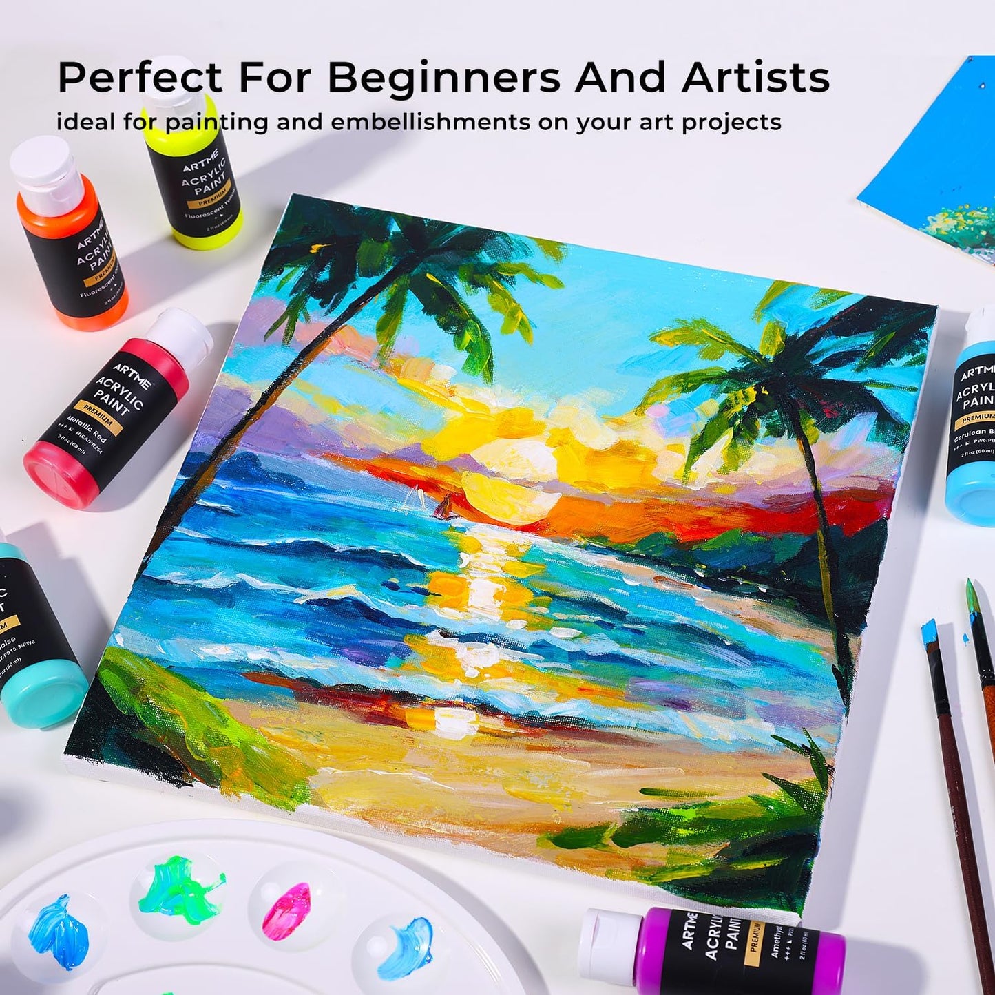 ARTME Acrylic Paint Set, 60 Colors in 2oz/60ml Bottles, Non Toxic, Waterproof, Rich Pigments Acrylic Paint for Artists, Students, Beginners Painting on Rocks Canvas Wood Clay Fabric Ceramic Crafts