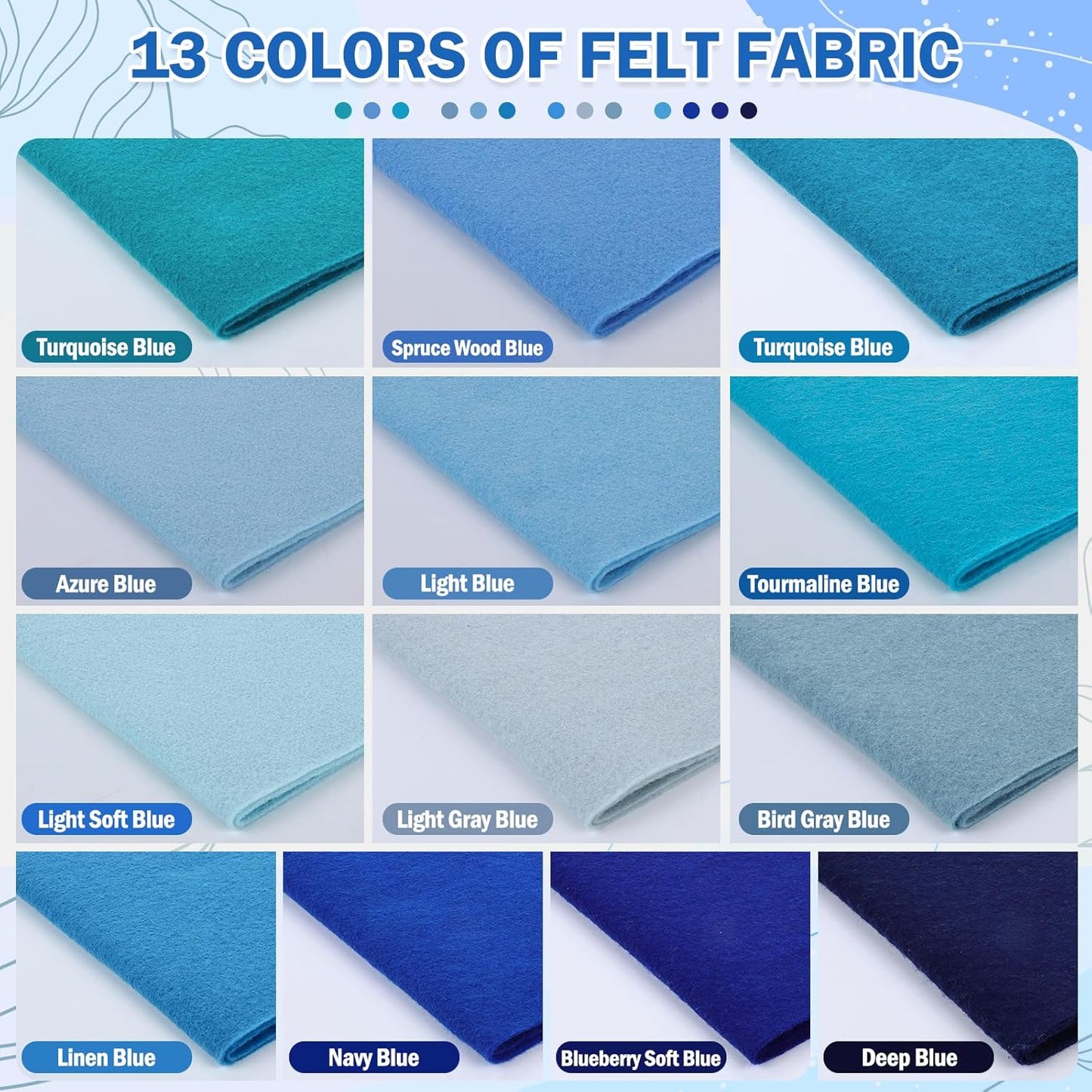 XSEINO 13 Rolls 8"x35" 1.4mm Thick Soft Felt Fabric Sheet 13 Assorted Blue Series Colors Felt Pack Pastel Felt Sheets for DIY Craft Sewing Squares Nonwoven Patchwork