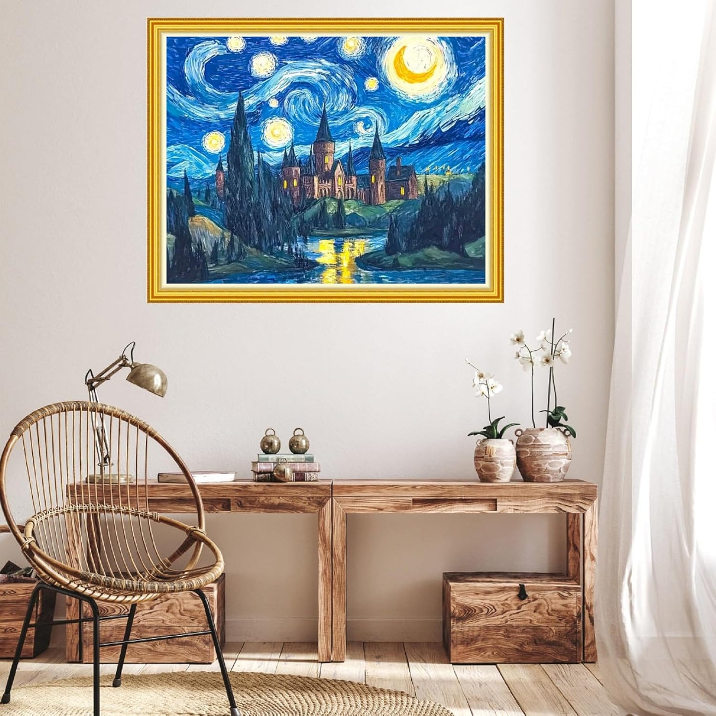 Hopeart Stamped Cross Stitch Kits for Beginner Embroidery Kits for Beginners Adults DIY 11CT Cross Stitch Patterns Needlepoint Kits Crossstitching Kits-Van Gogh's Starry Moon Castle 16x20 inch