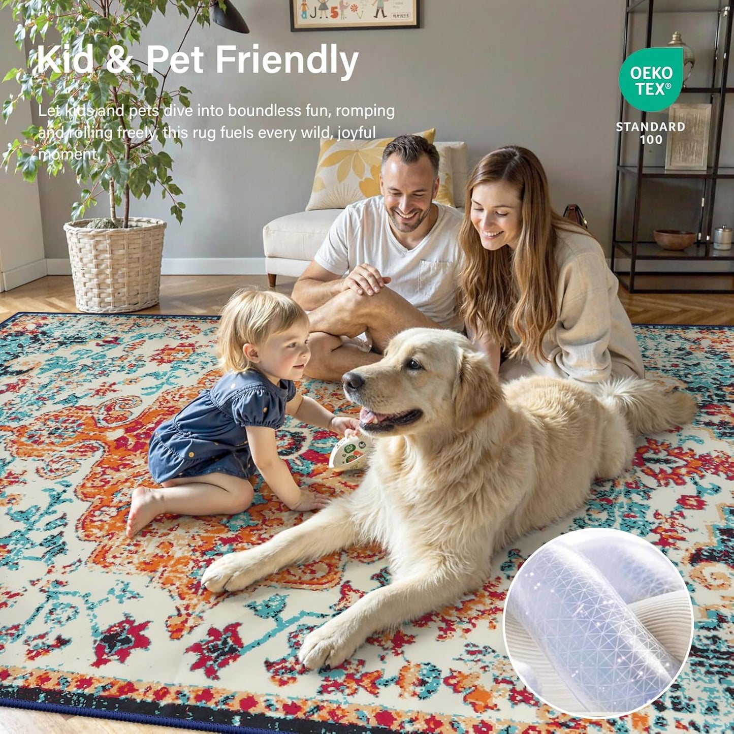 Lahome Bohemian Floral Medallion Area Rug - 5x7 Oriental Distressed Large Bedroom Rug, Soft Non-Slip Washable Dining Room Mat Indoor Throw Nursery Floor Carpet for Guest Room Entryway