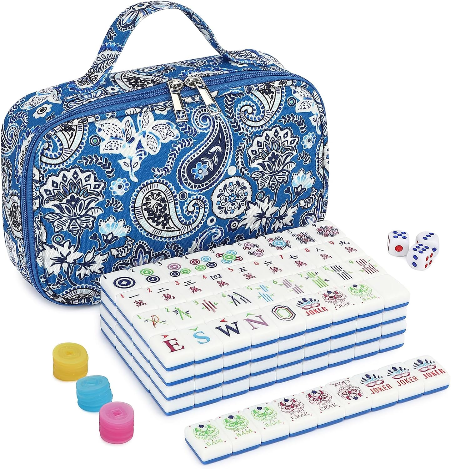 American Mahjong Tile Set,166 Tiles White Blue Acrylic Carving Tiles,Mahjong Game Set with Portable Travel case(Racks Not Included)